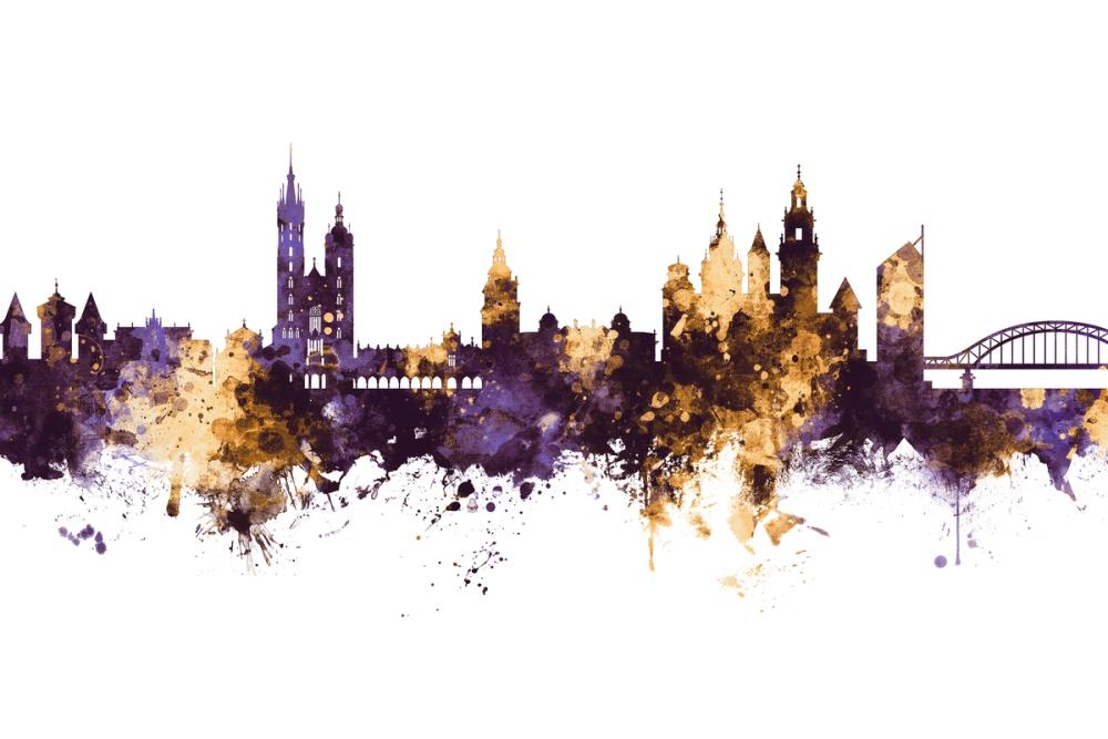 Krakow Skyline Purple & Gold