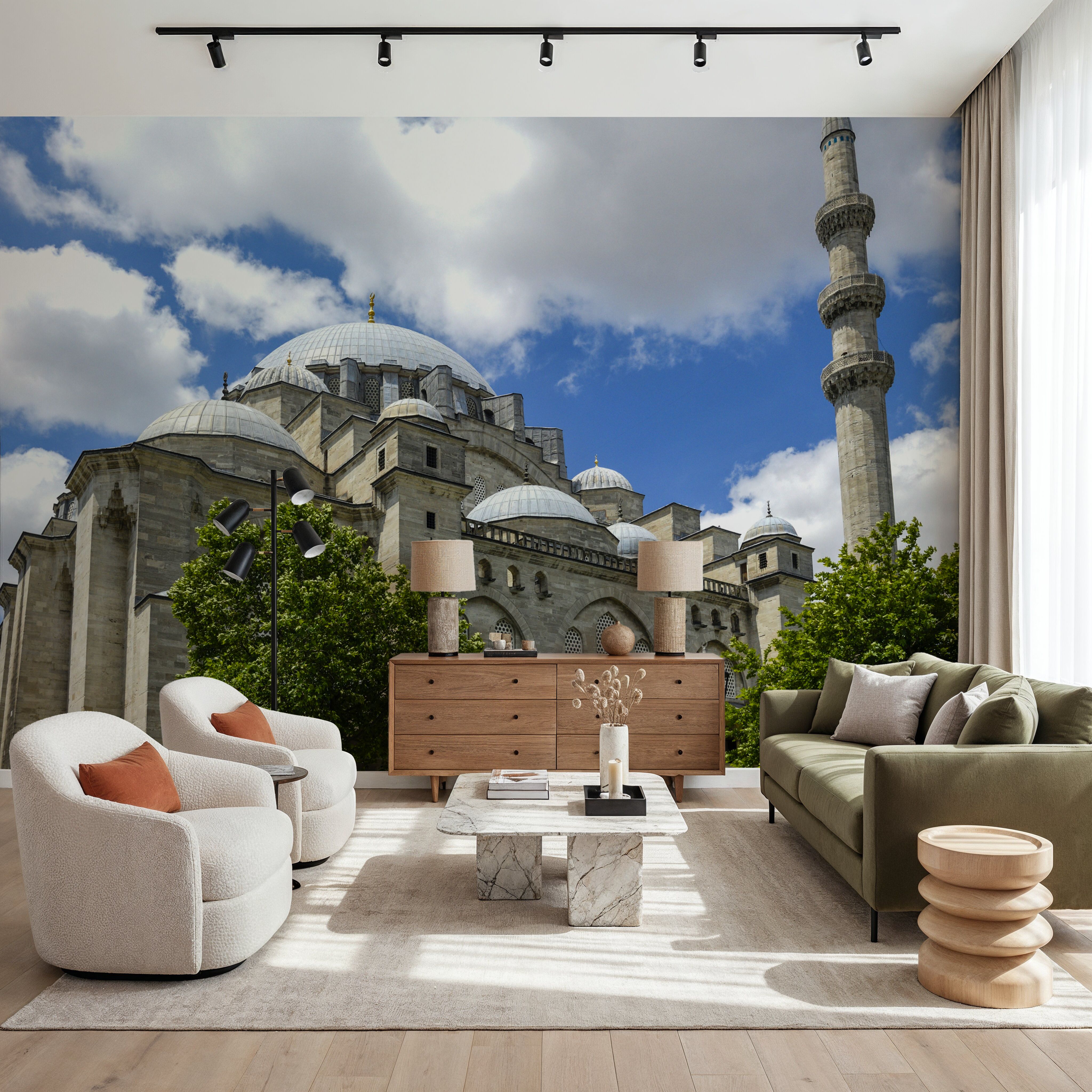 Wall Mural - Majestic Minaret - Architecture Landscapes mural wallpaper - Blue - Offices - Wallism US - Premium, Textured or Peel & Stick