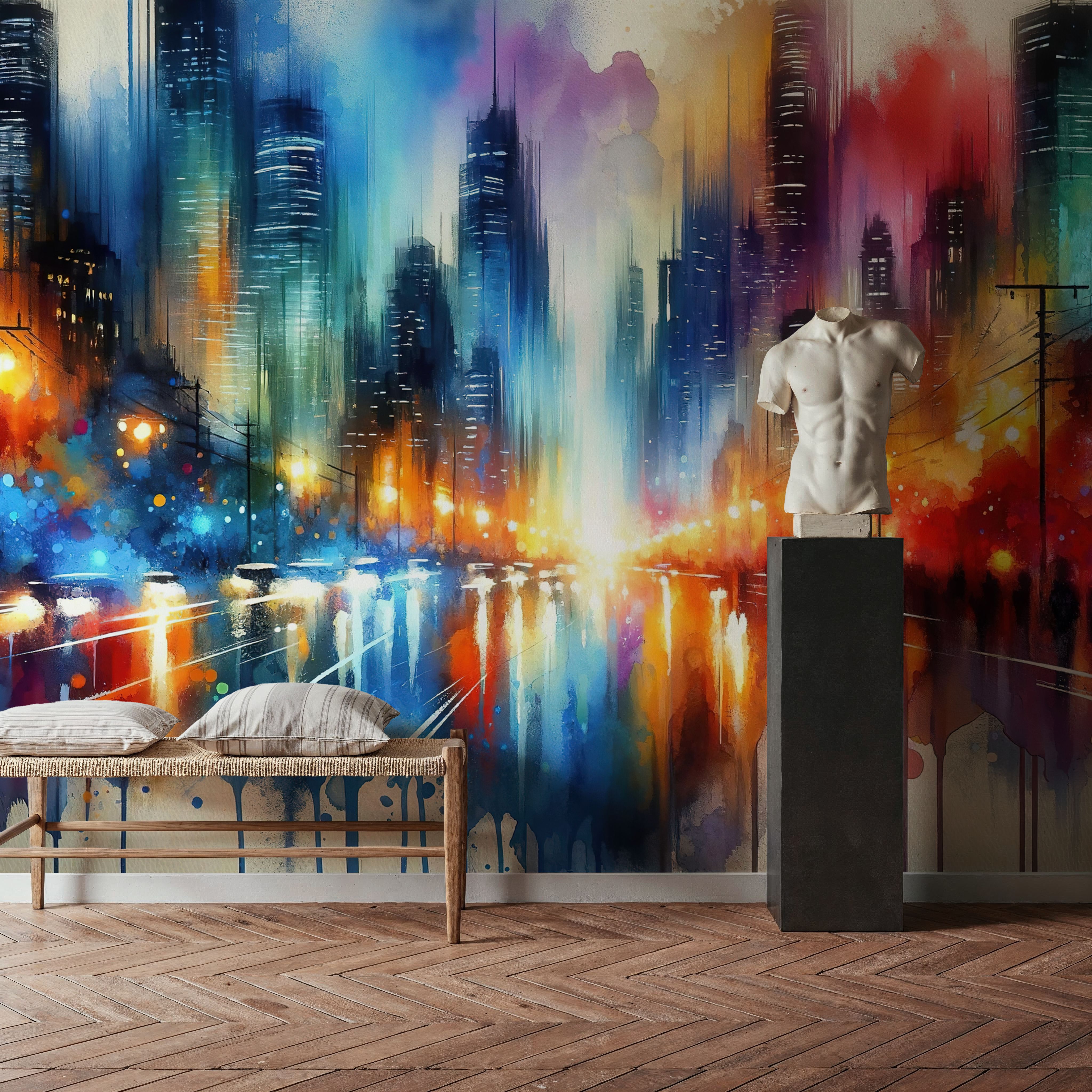Watercolor Abstract Skyline At Night