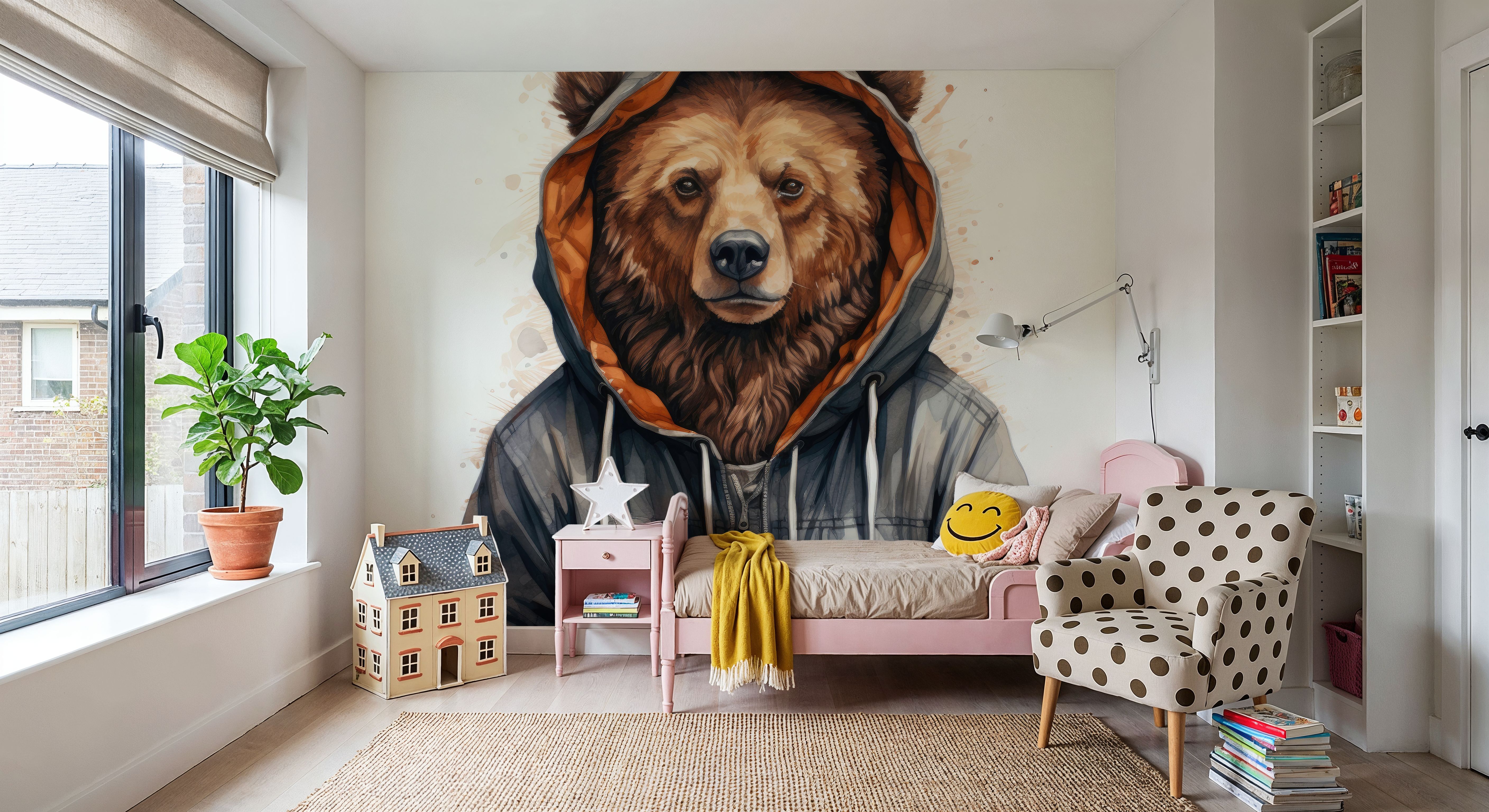 Watercolor Cartoon Grizzly Bear in a Hoodie