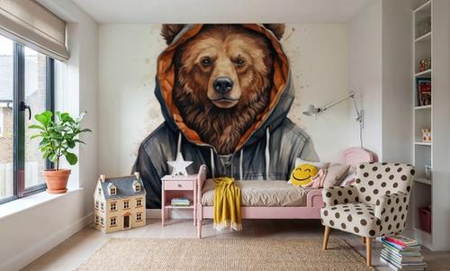 Watercolor Cartoon Grizzly Bear in a Hoodie