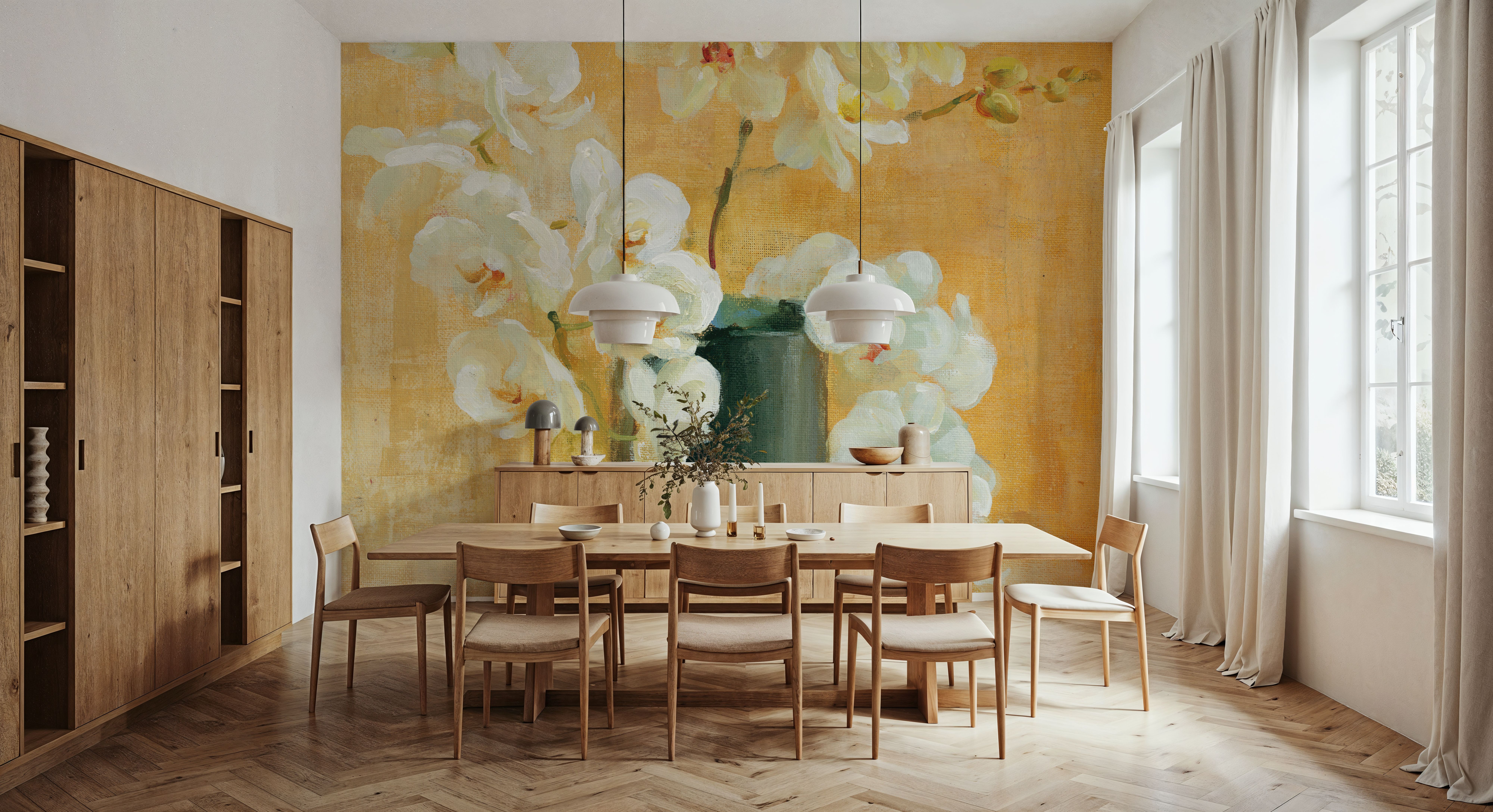 White Orchids in Black Vase