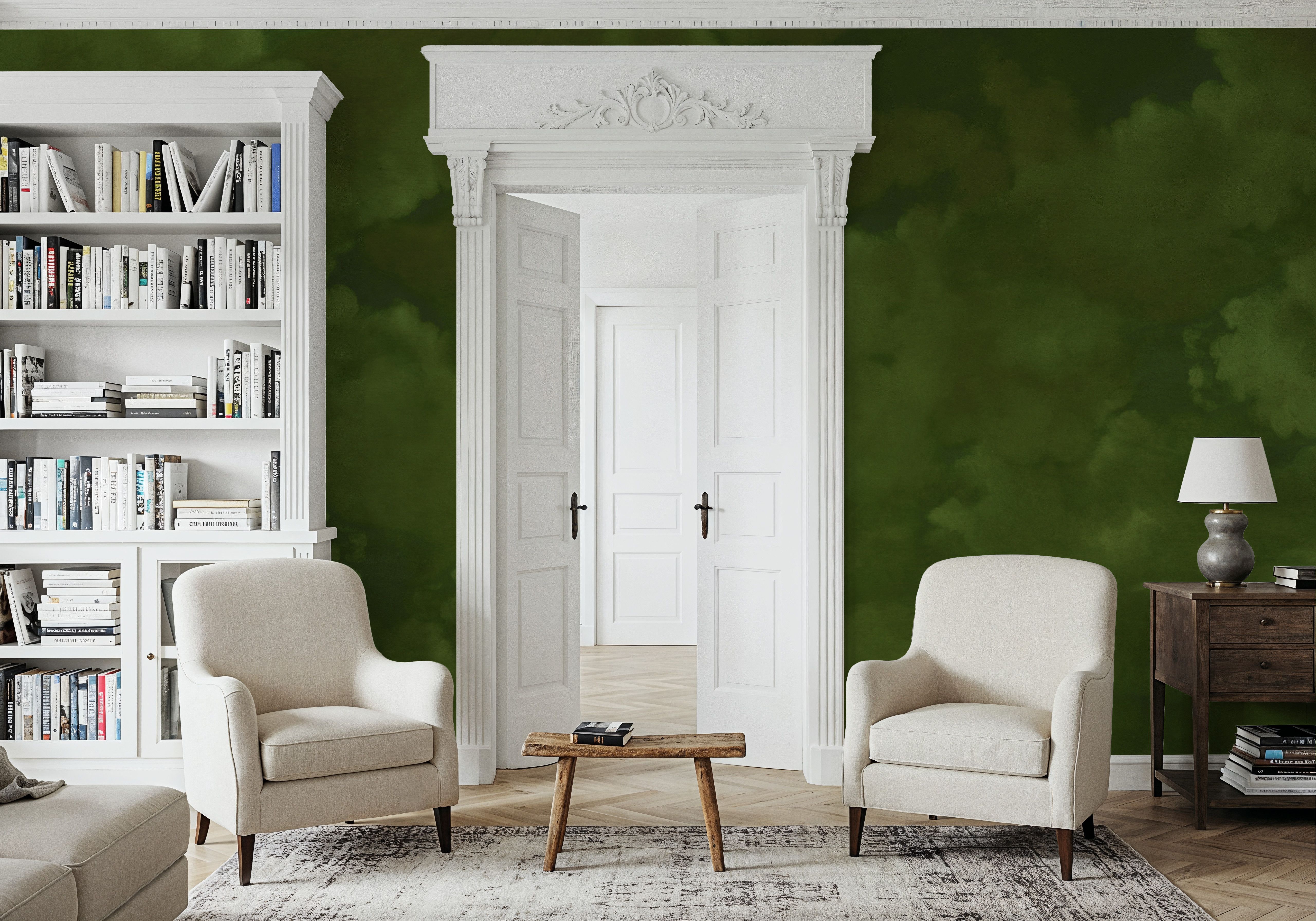 Painted Dreamy Clouds, Dill Green, Wallpaper