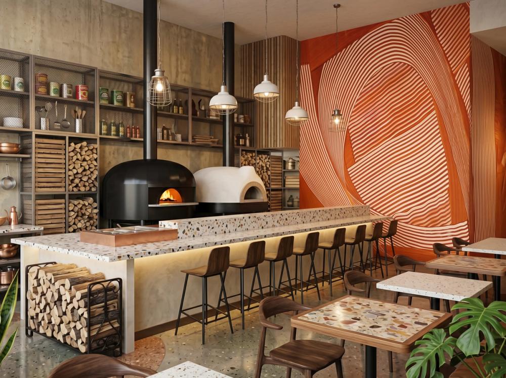 an interior photo of a pizzeria with wood stoves and abstract wall mural in red