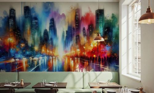 Watercolor Abstract Skyline At Night