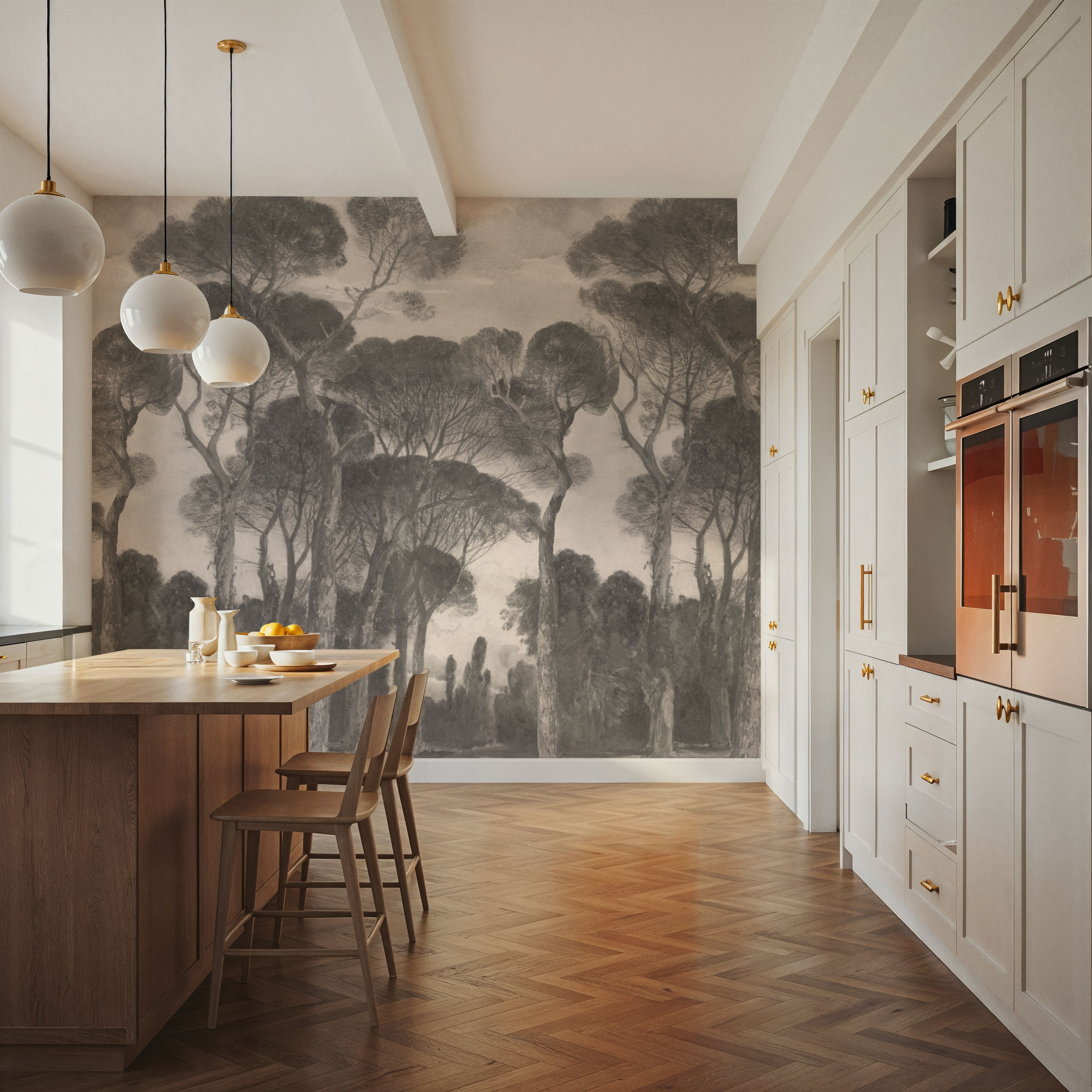 Wall Mural - Umbrella Pines Landscape, Sepia - Foliage Landscapes mural wallpaper - Gray - Hallway staircases - Wallism UK