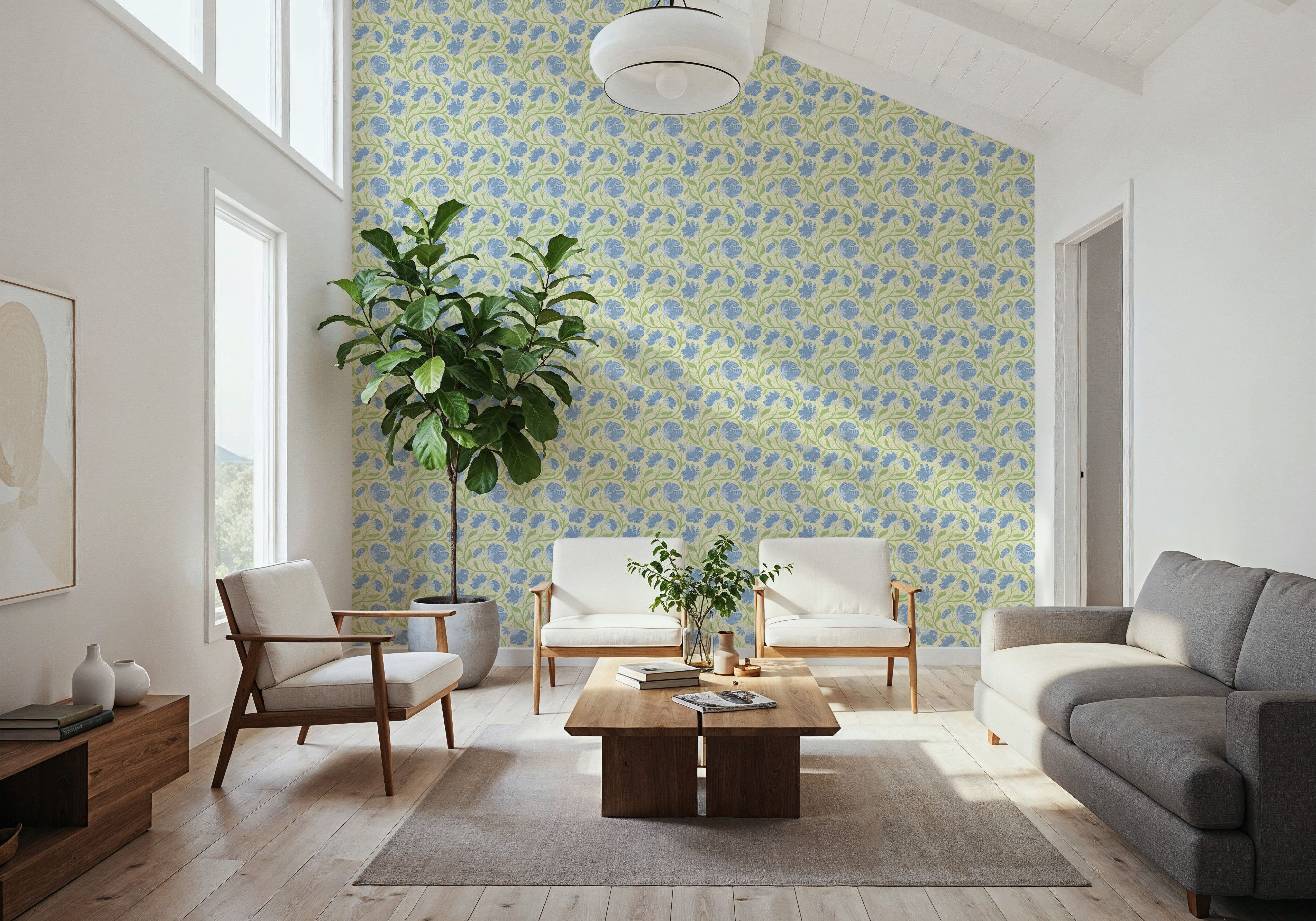 Indial Floral, Baby Blue on Light Green