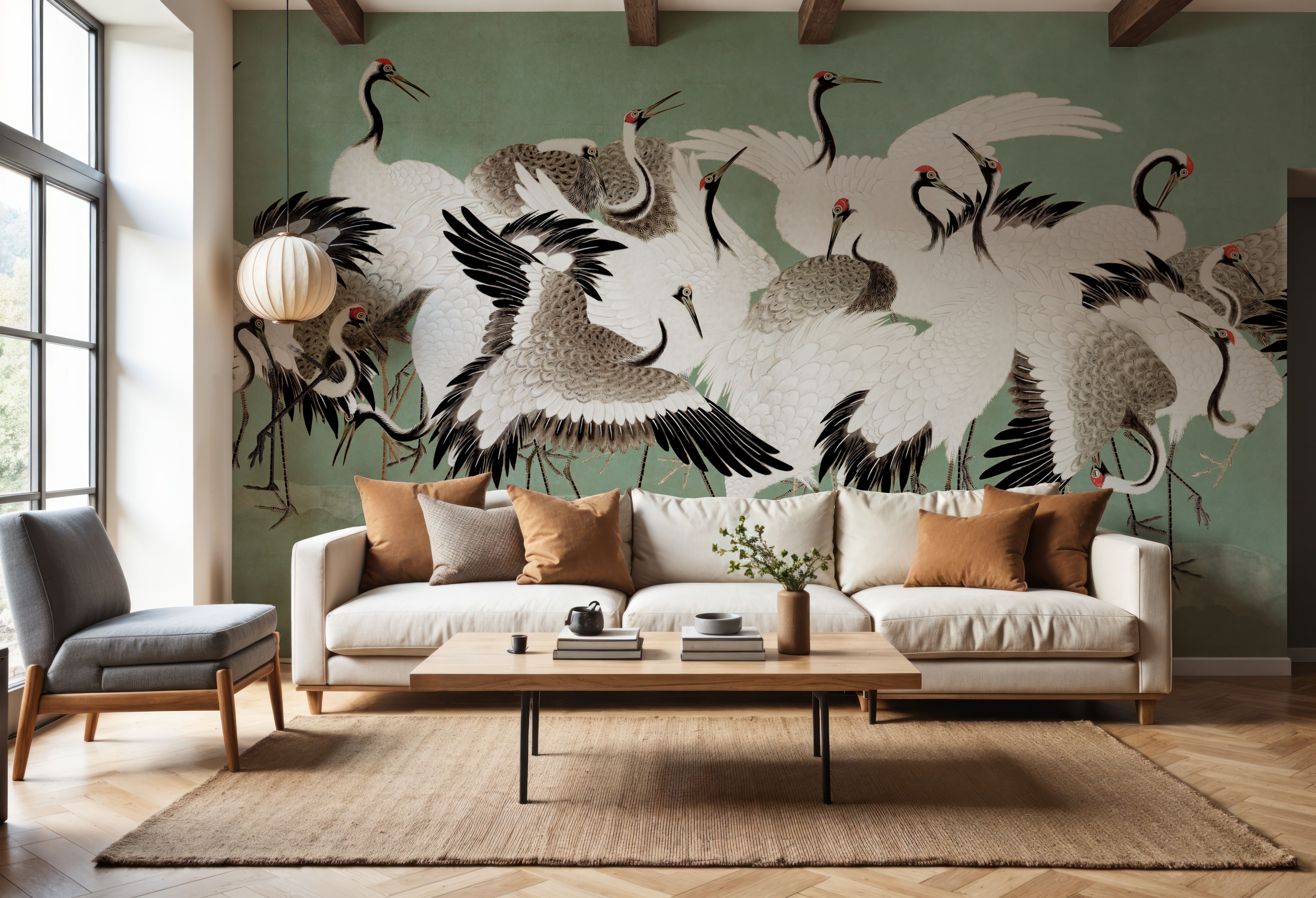 Japanese Flock of Cranes, Jade, Wallpaper