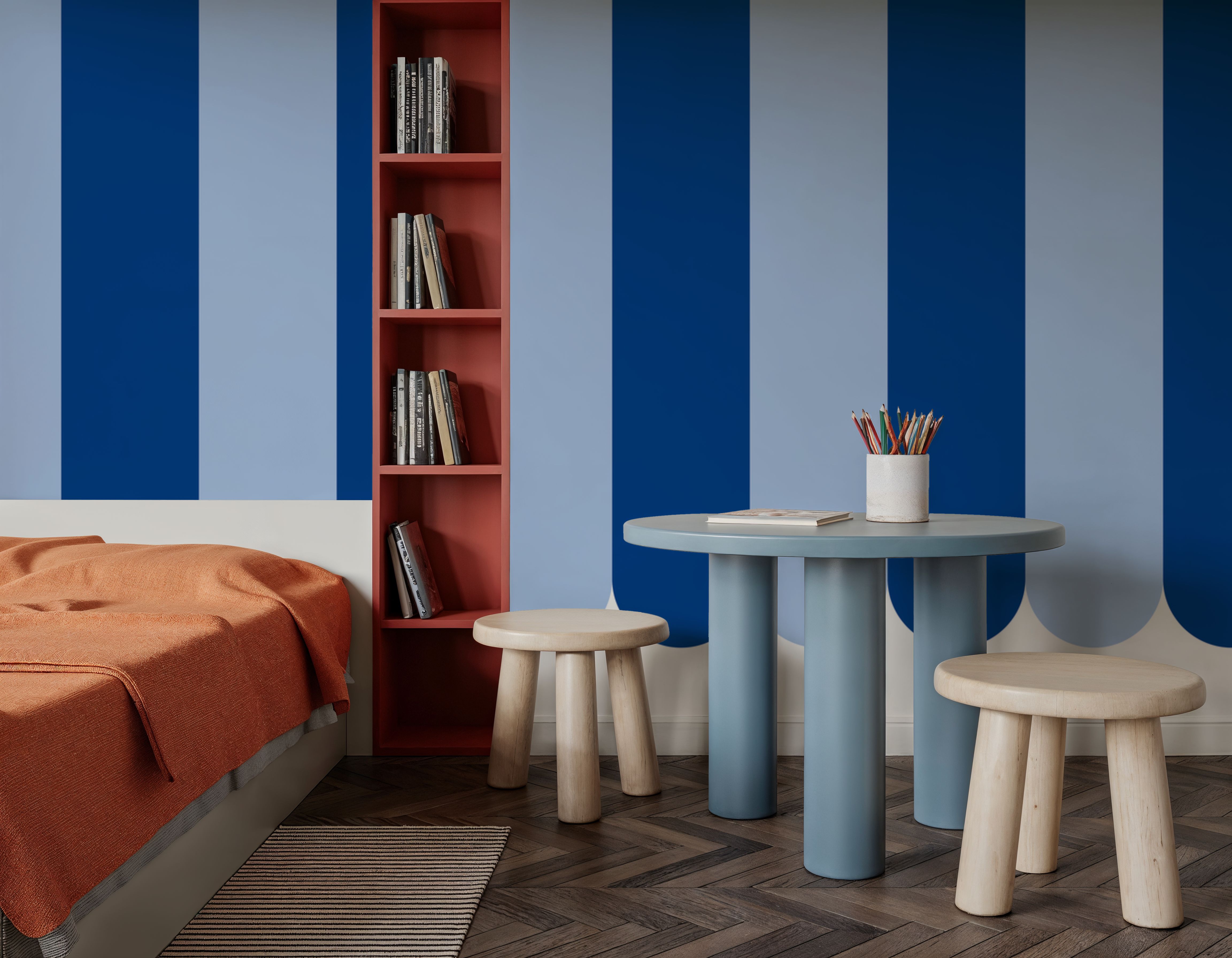 Scalloped Circus Stripes, Blue on Blue