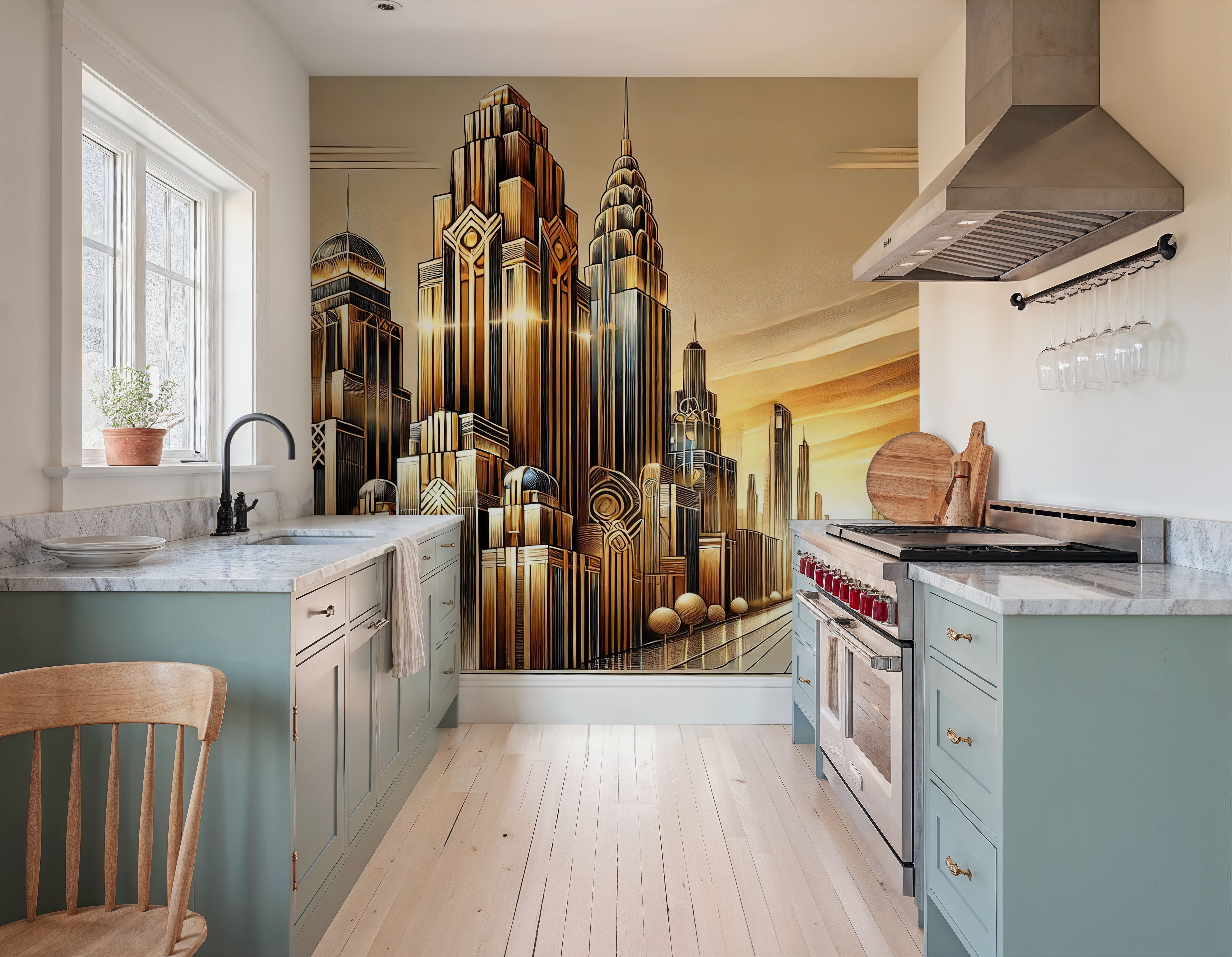 Golden City Skyline at Sunset in Art Deco