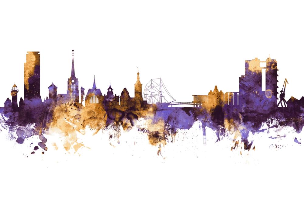 Halmstad Sweden Skyline Purple & Gold