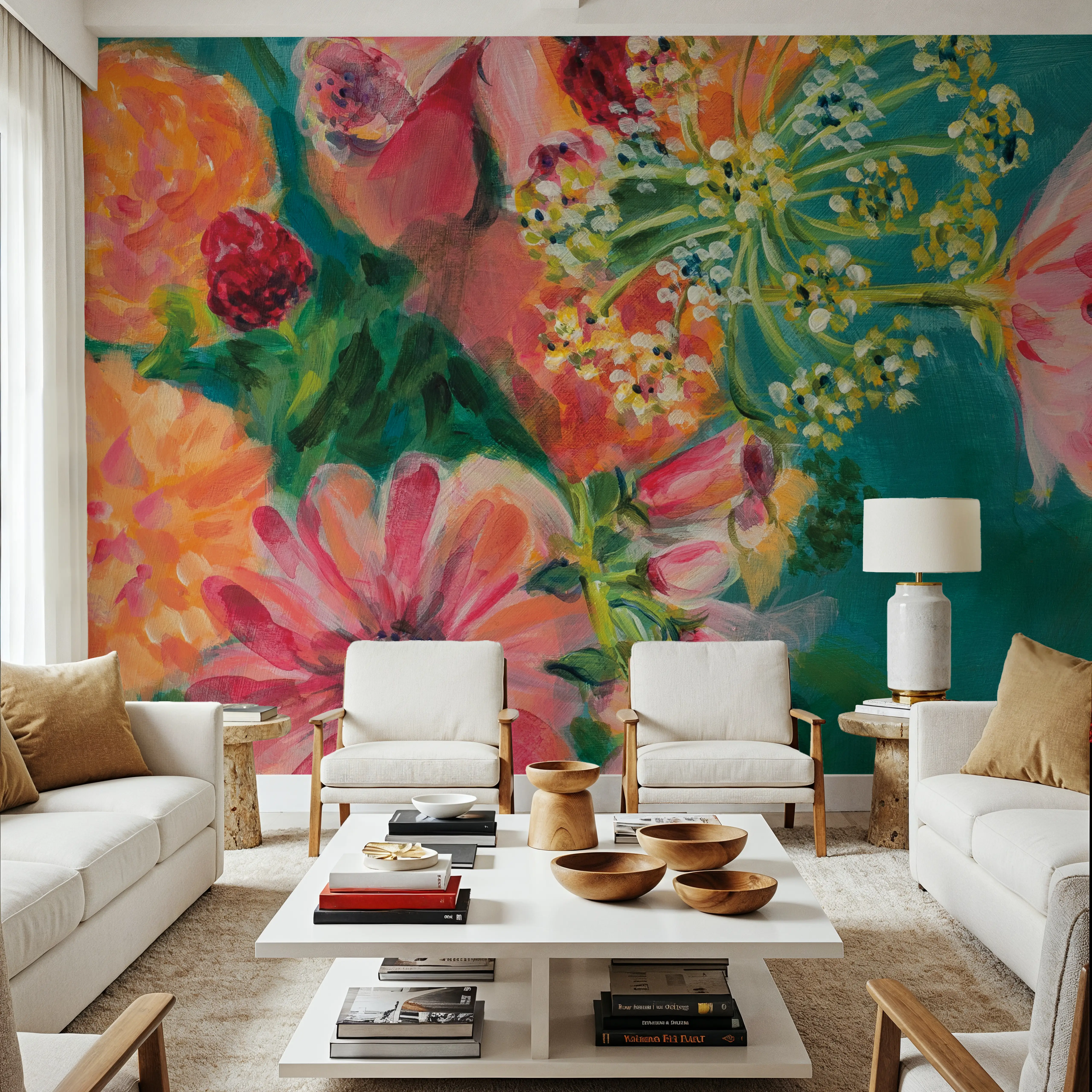 Fotobehang - June Blooms - Abstract Kunst Natuur Mural - Roze - Eetkamer - Wallism België - Zelfklevend of Vliesbehang