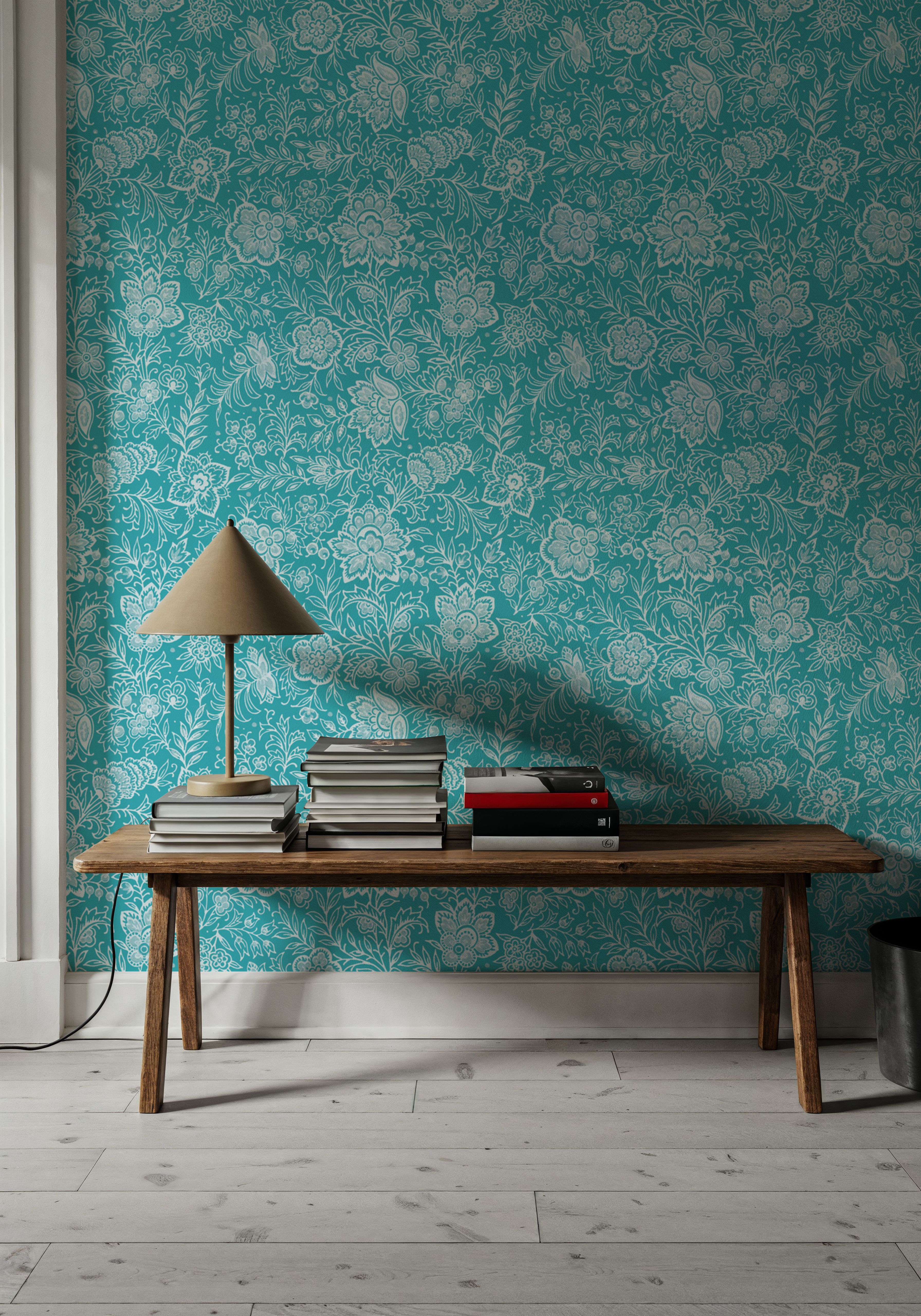 Kala Flowers White on Turqouise, Wallpaper