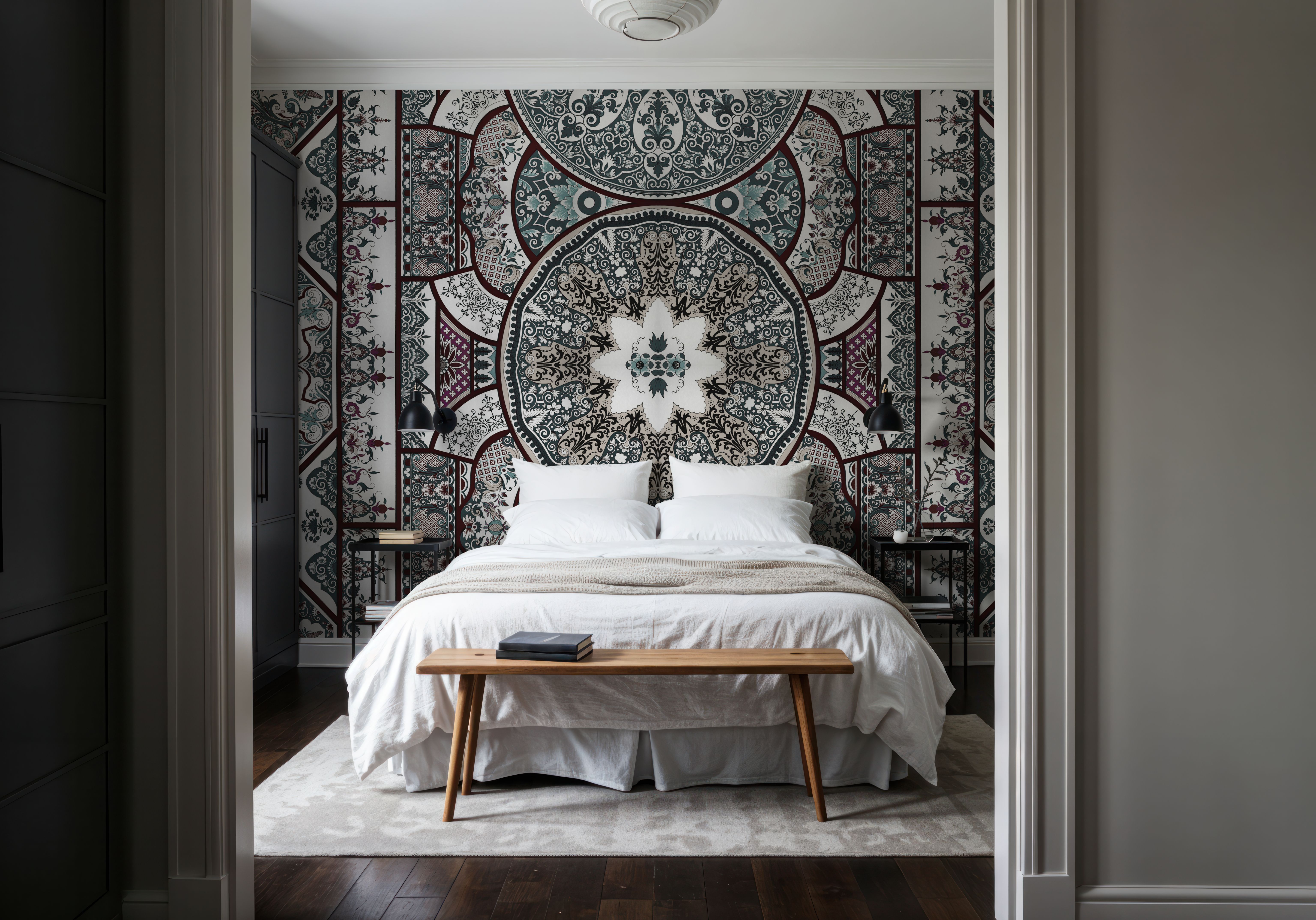 Eastern Tales, Teal & Beige, Wallpaper