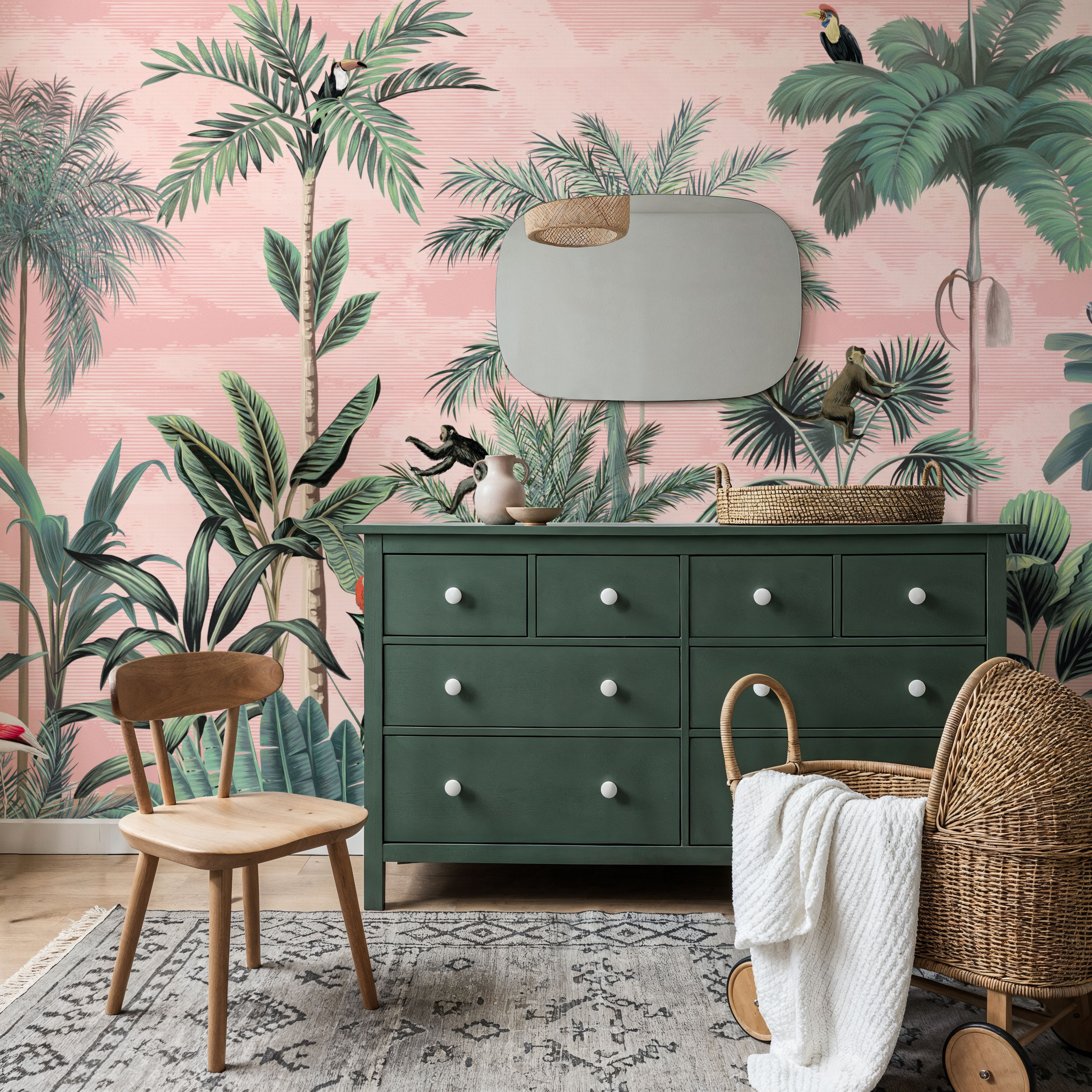 Wall Mural - Jungle Delight, Peach - Birds Animals mural wallpaper - Kids' Room - Wallism US - Premium, Textured or Peel & Stick