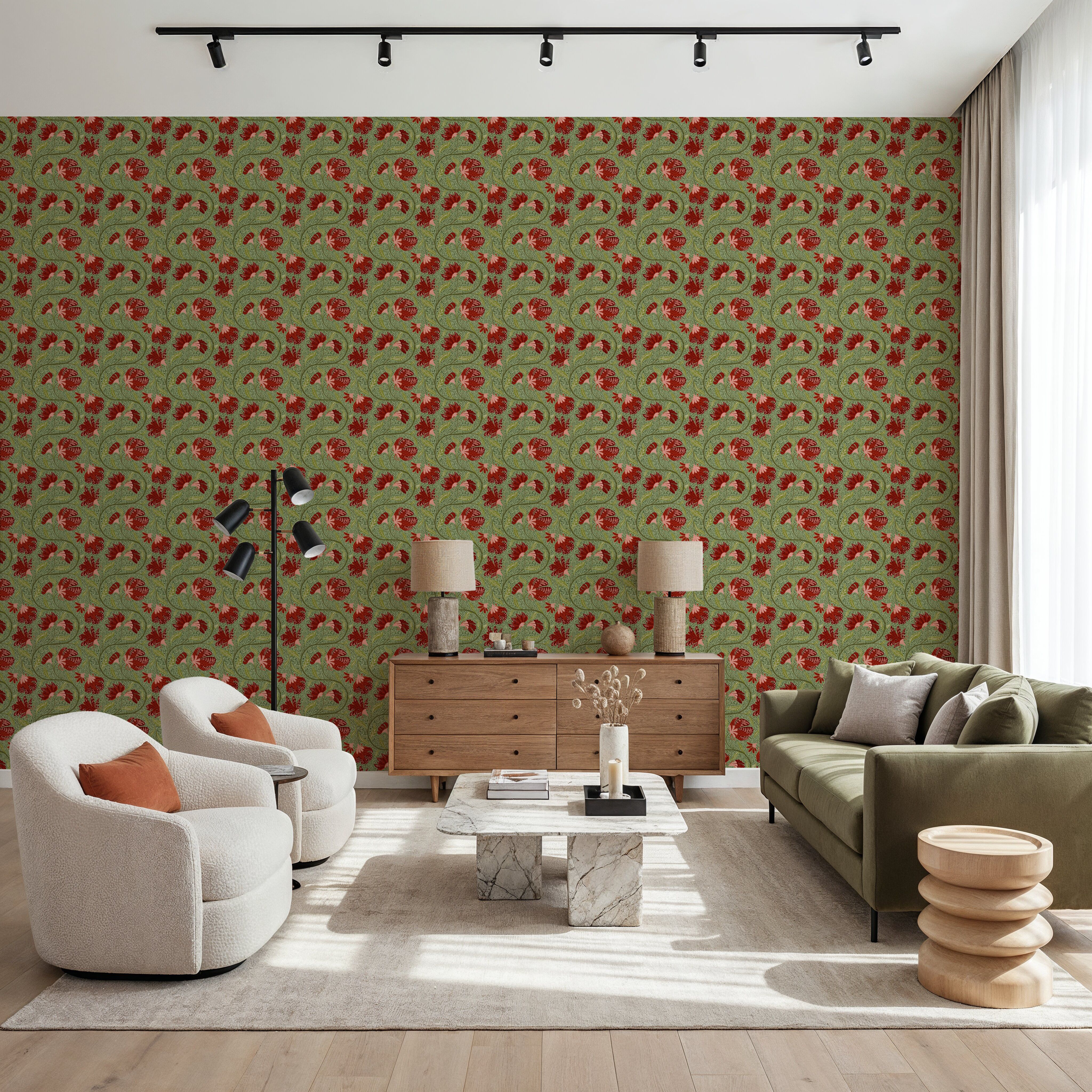 Indial Floral, Vermilion on Pistachio