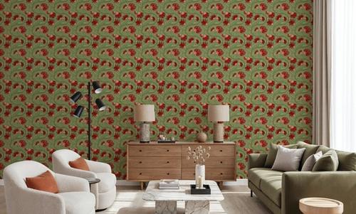 Indial Floral, Vermilion on Pistachio