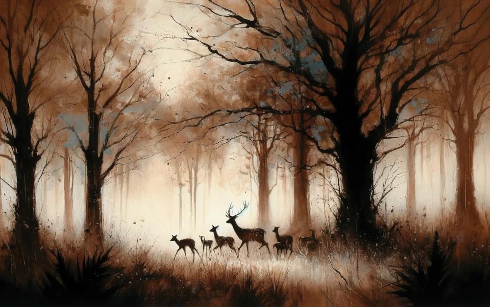 Deer Family in Misty Sepia