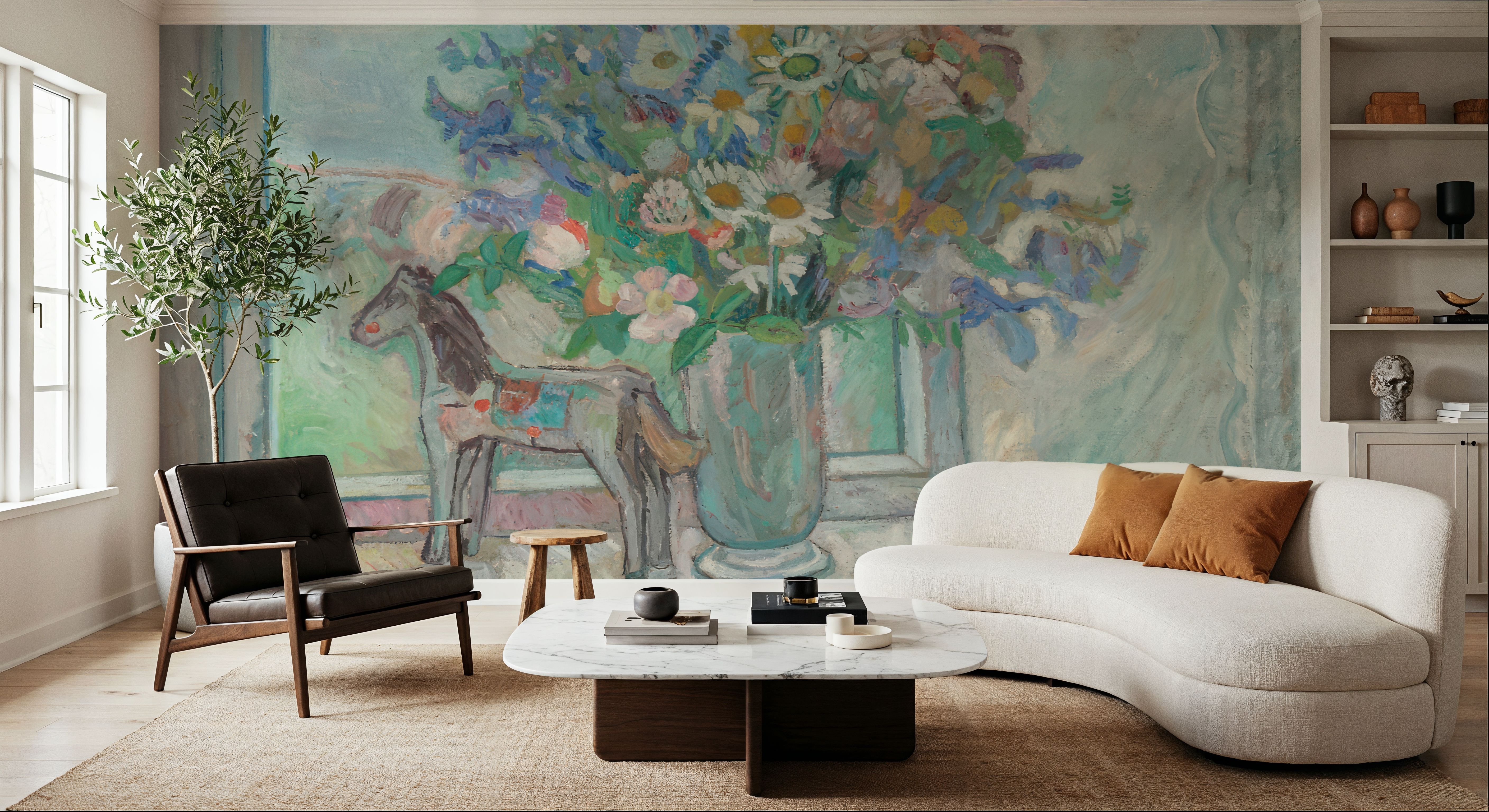 Flowers and Horse Figure By Window