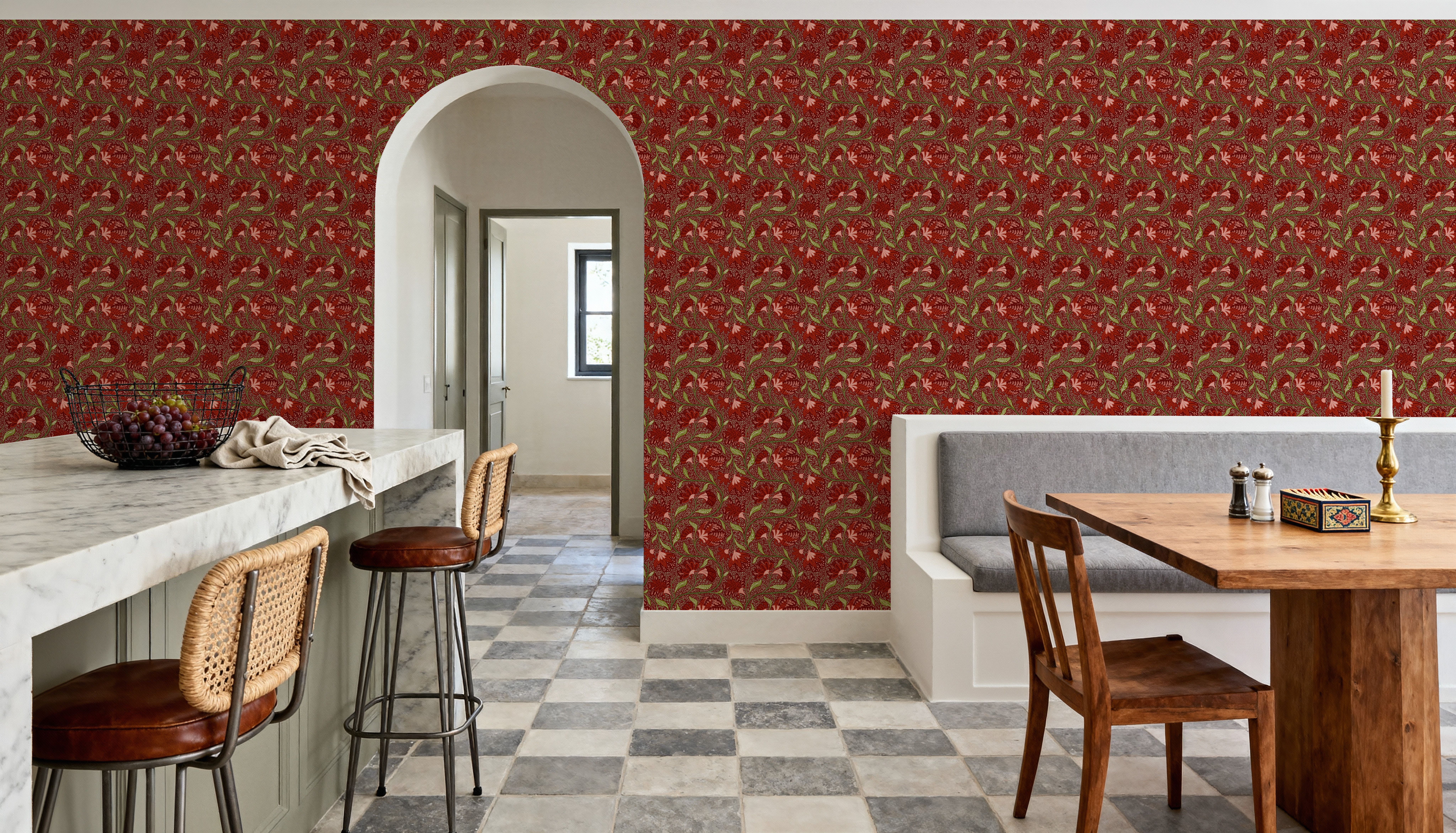 Indial Floral, Vermilion on Maroon