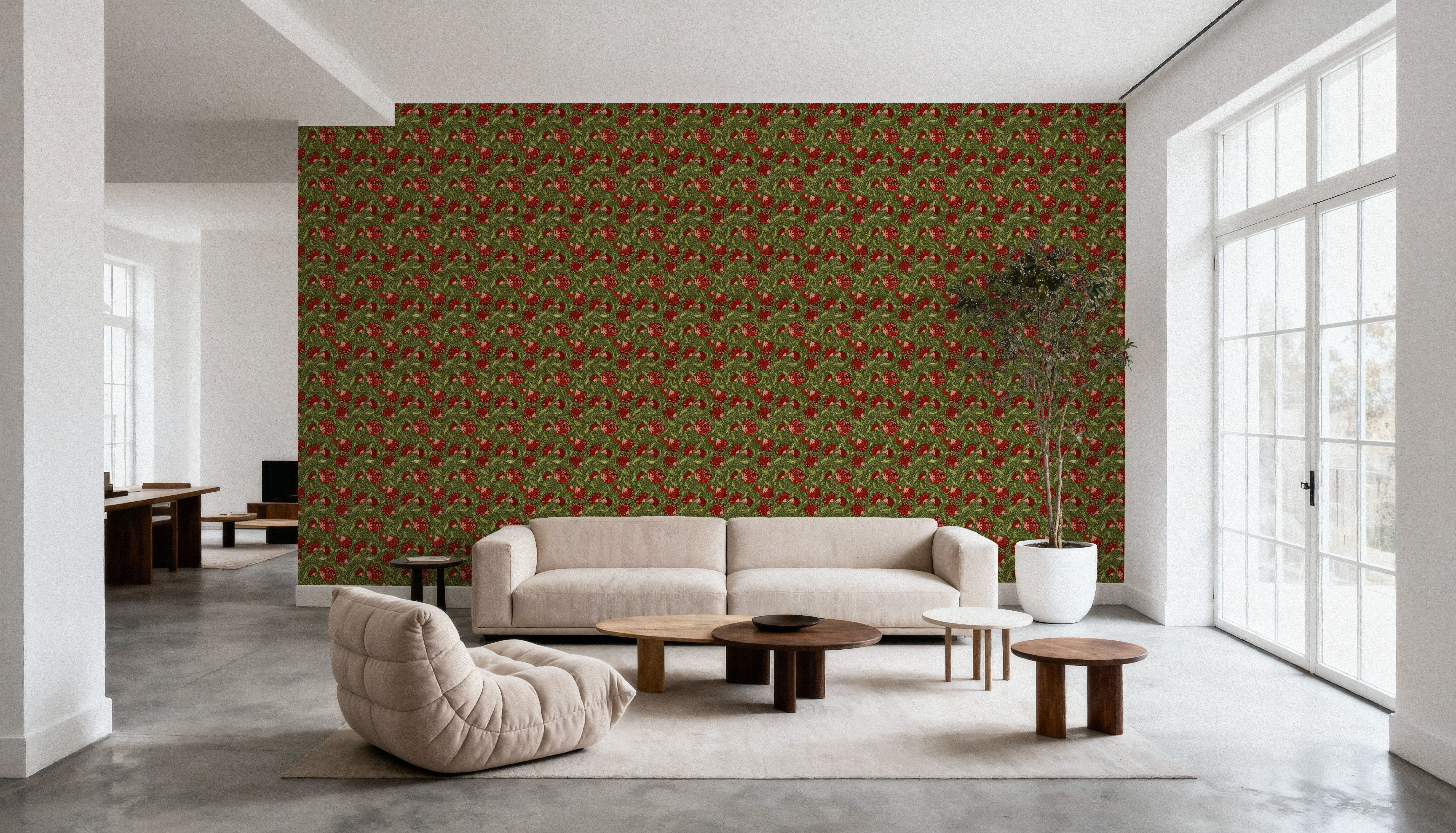 Indial Floral, Vermilion on Olive