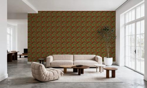 Indial Floral, Vermilion on Olive