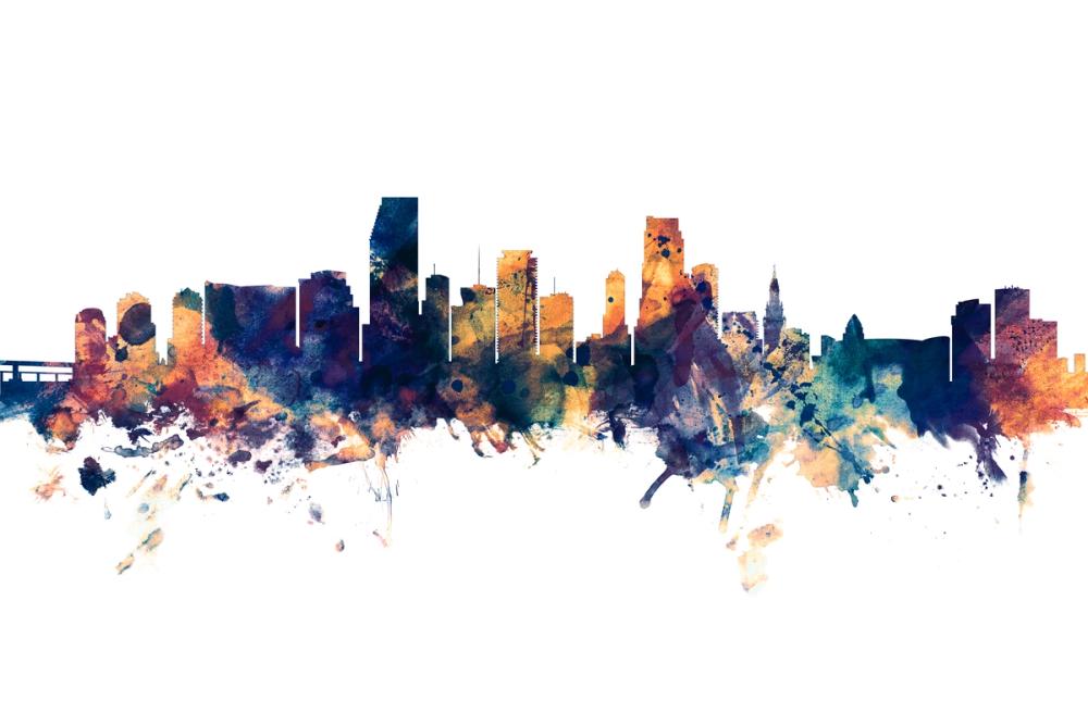 Miami Florida Skyline Blue & Bronze