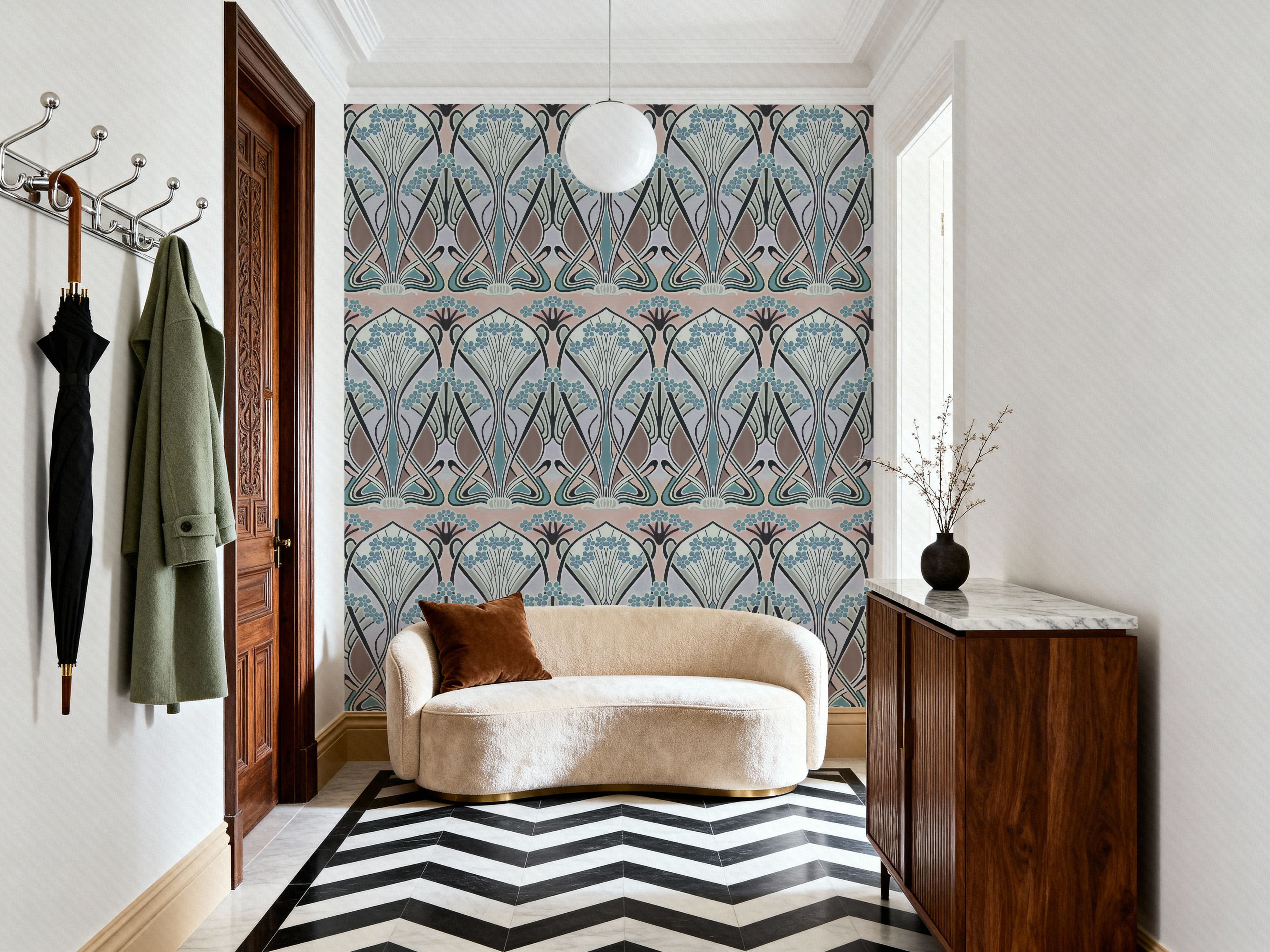 Floral Art Deco Aura, Light Teal, Tapet