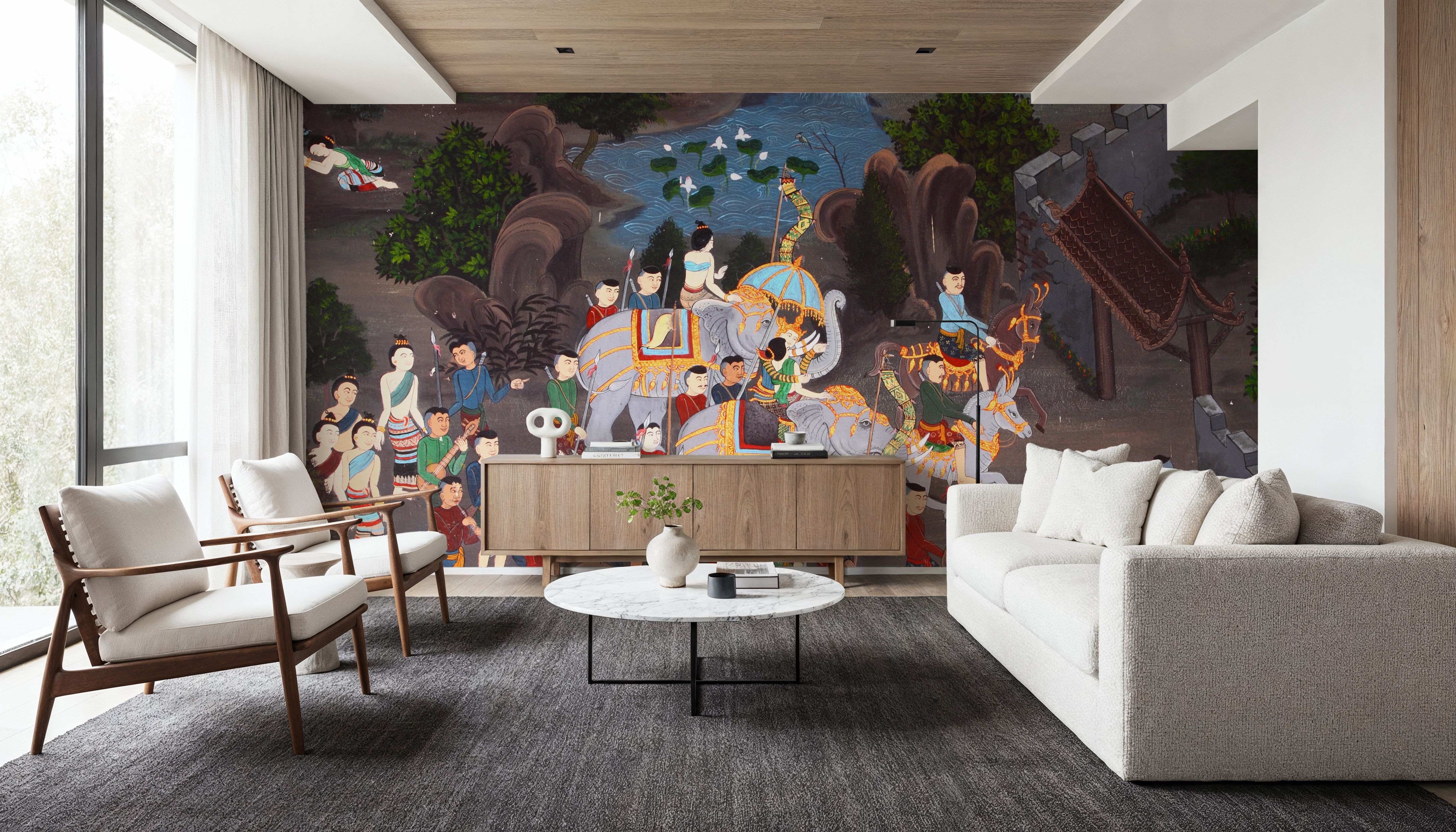 Elephant Procession to The Temple, Thai Painting, Wallpaper