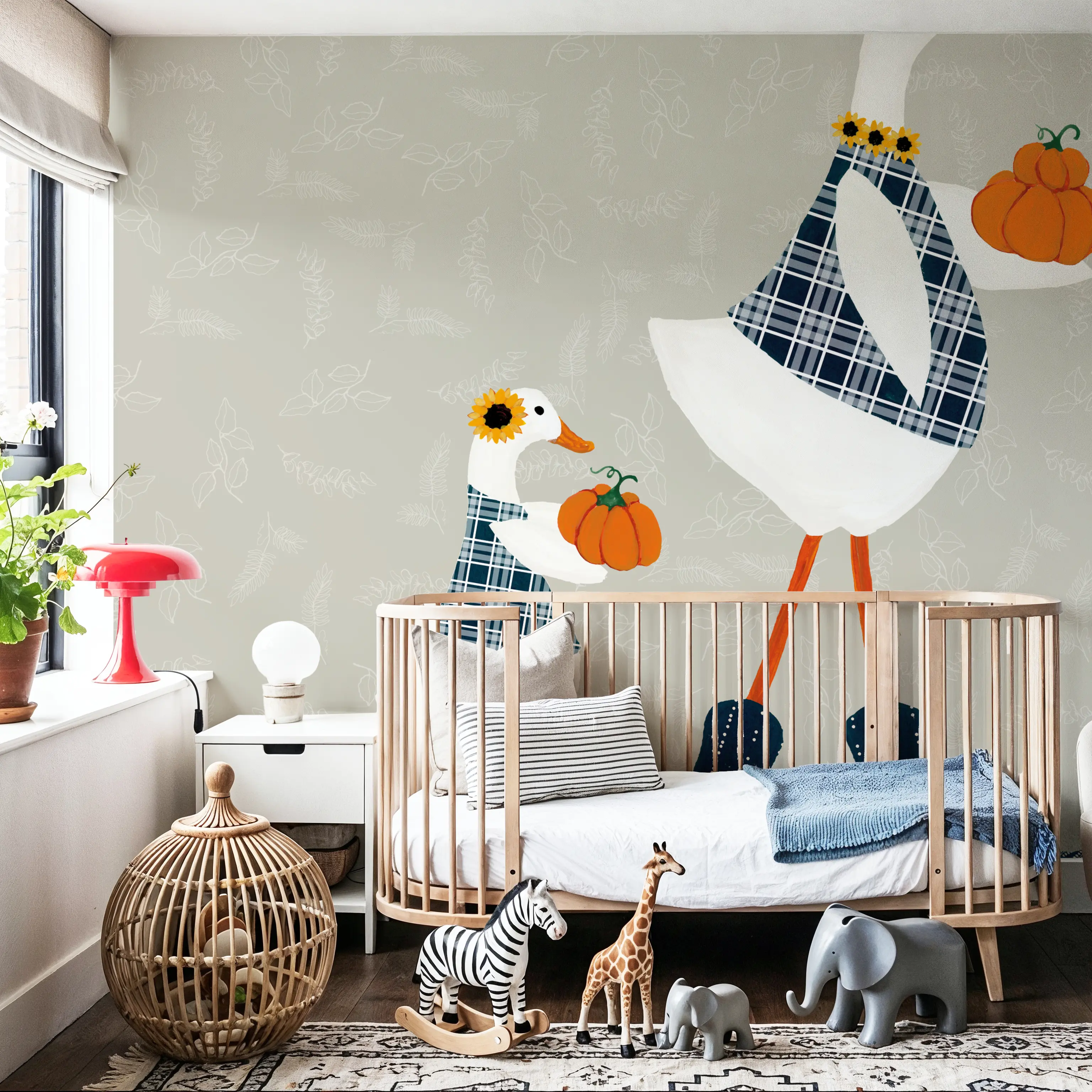 Fotobehang - Ducks in the Pumpkin Patch X - Boerderij Grafische Kunst Mural - Oranje - Kinderkamer - Wallism België - Zelfklevend of Vliesbehang