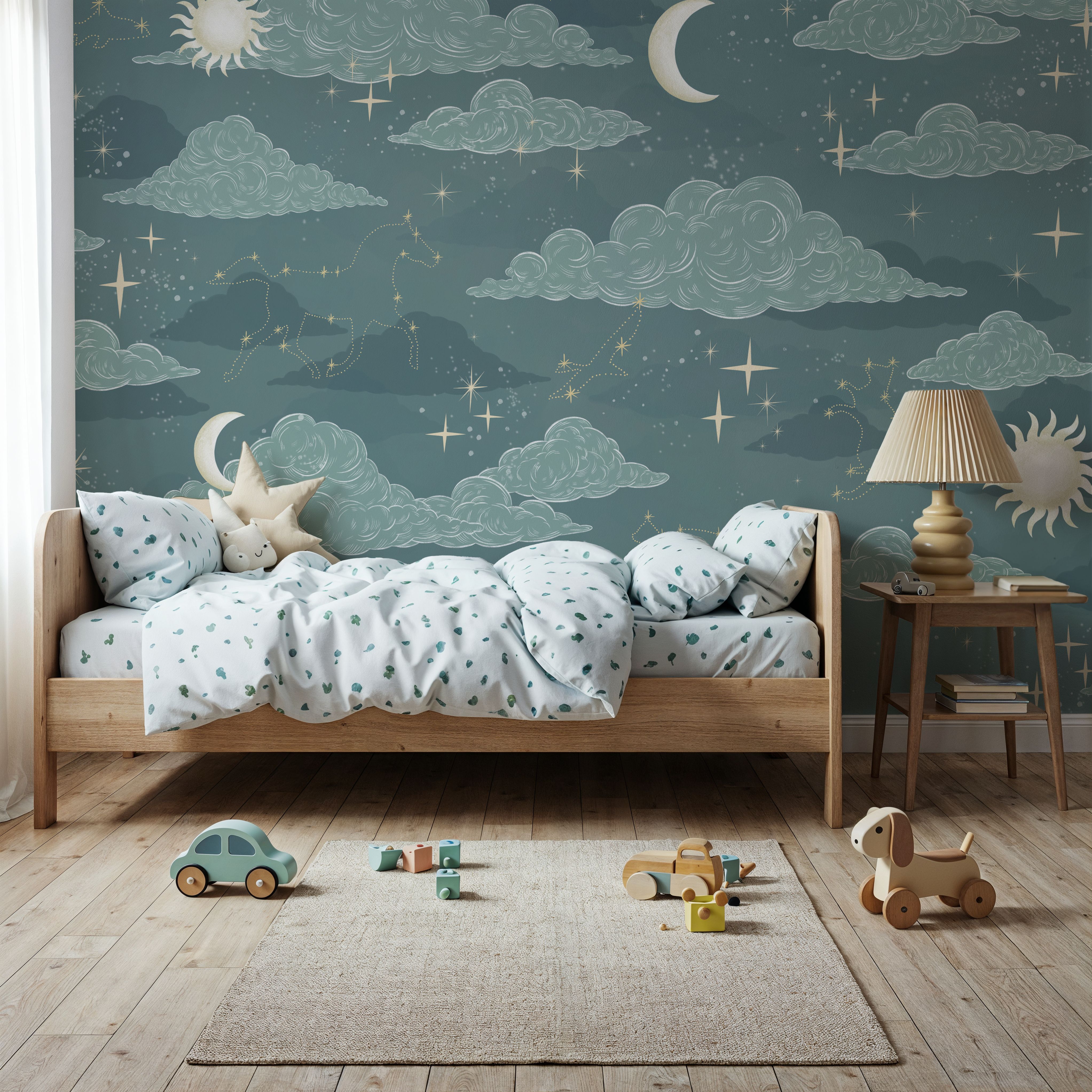 Wall Mural - Moonlit Constellations, Steel Teal - Astronomy Fantasy mural wallpaper - Kids' Room - Wallism US - Premium, Textured or Peel & Stick