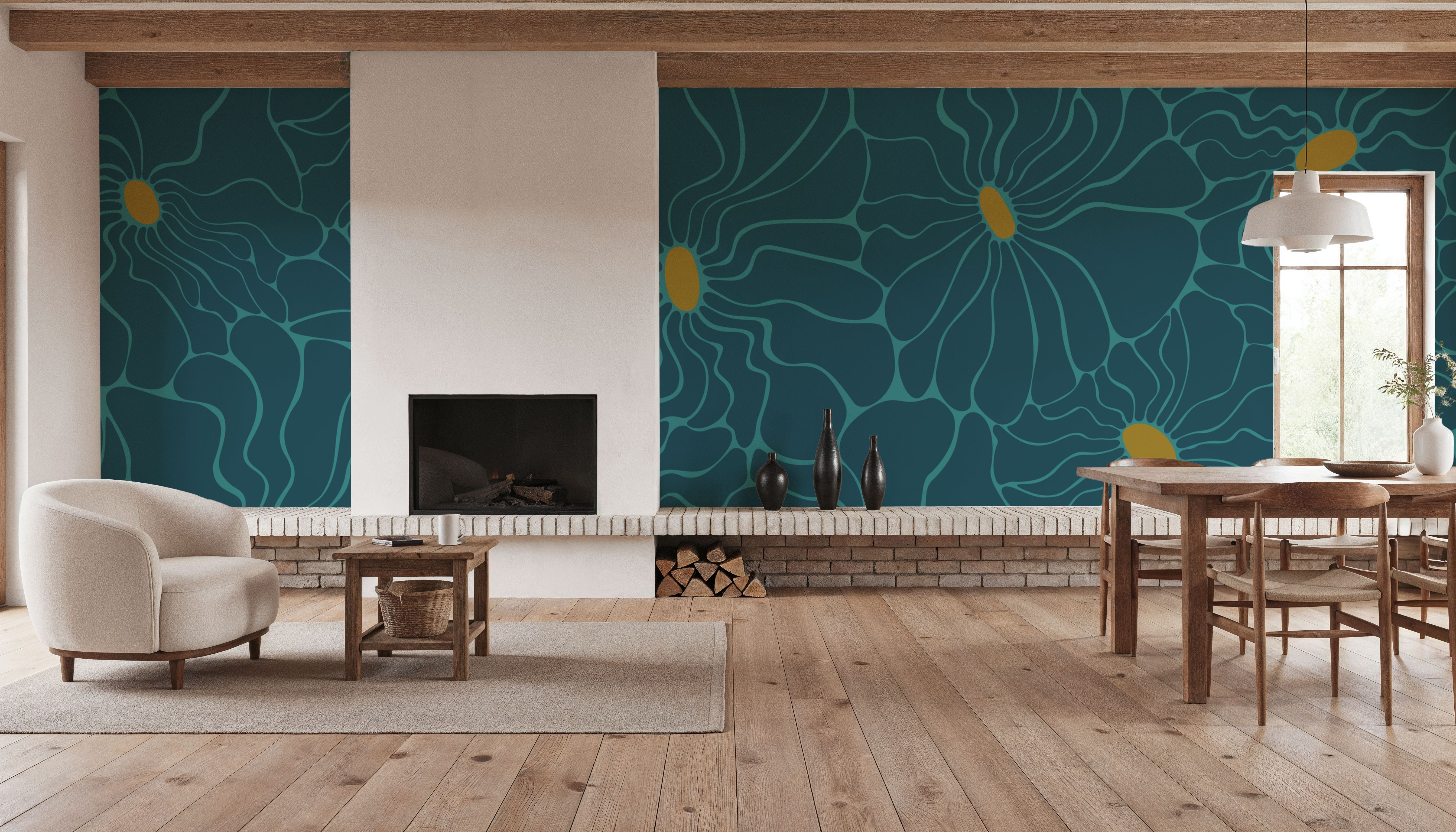 Cool Fluid Flowers Mural, Teal