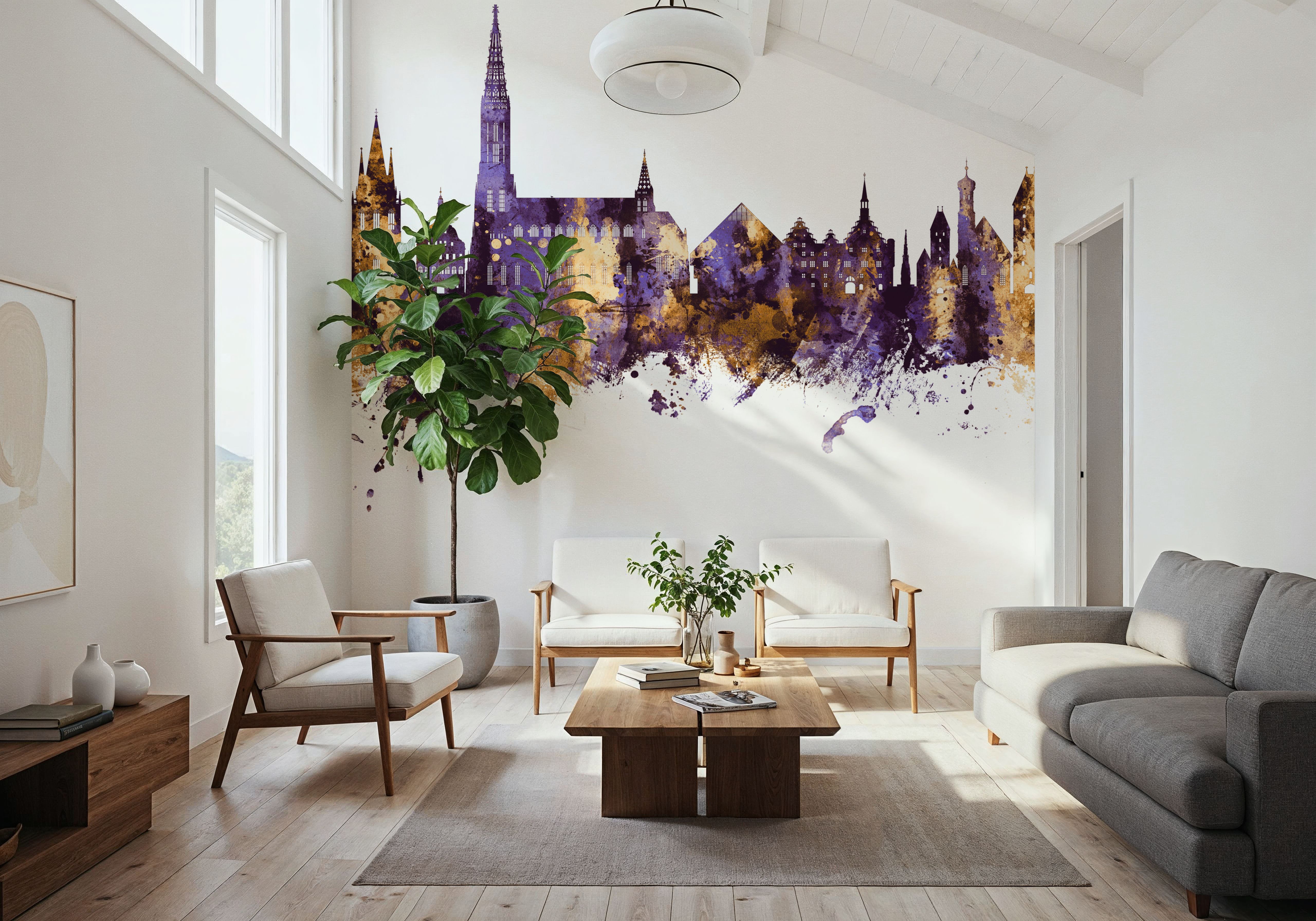 Ulm Germany Skyline Purple & Gold, Carte da parati