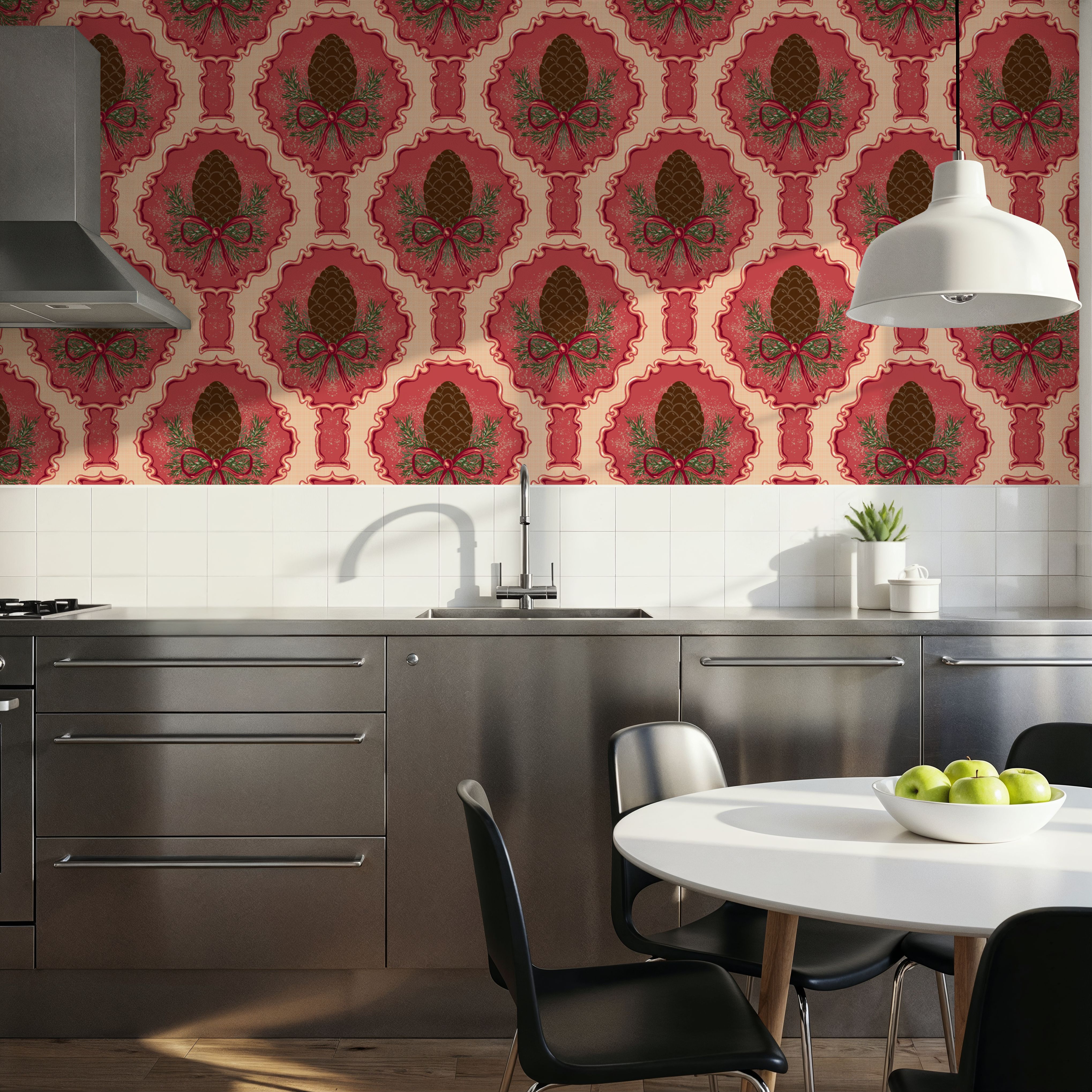 Pine Cone & Ornate Rackets, Raspberry, Wallpaper