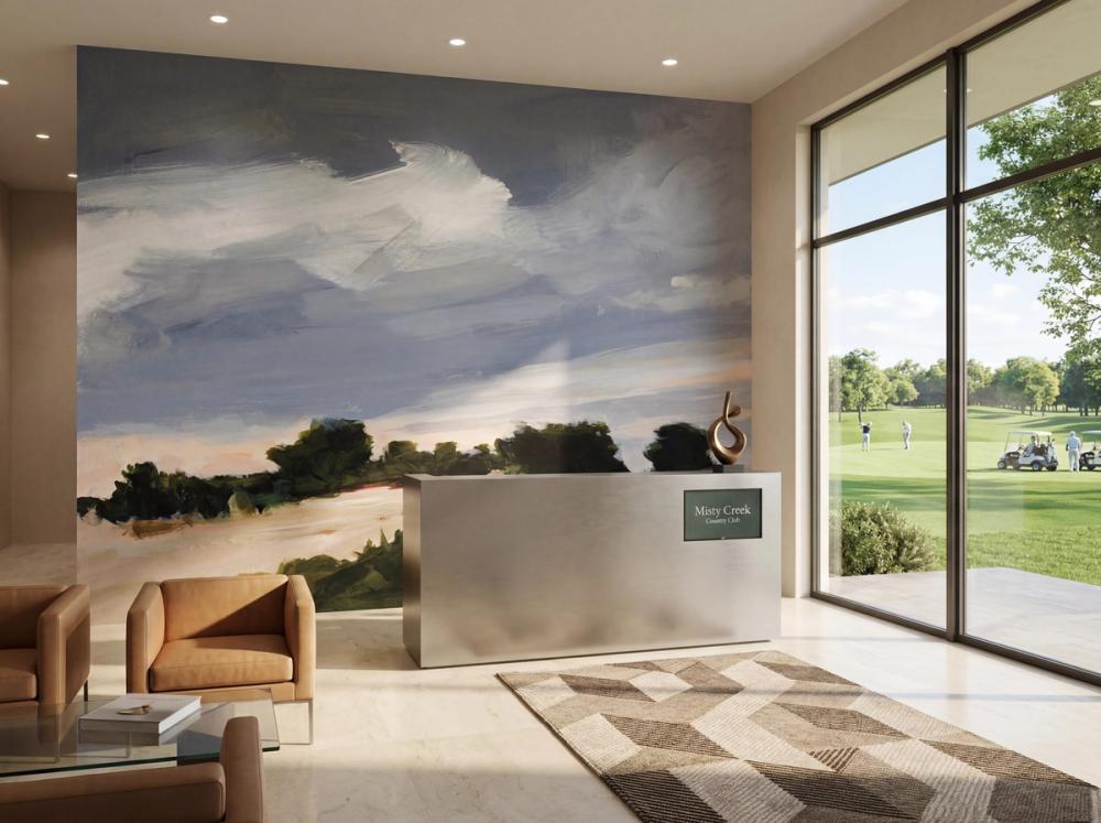 an interior photo of the entracne hall at a high end golf club. there is a painted wallpaper mural on the back wall