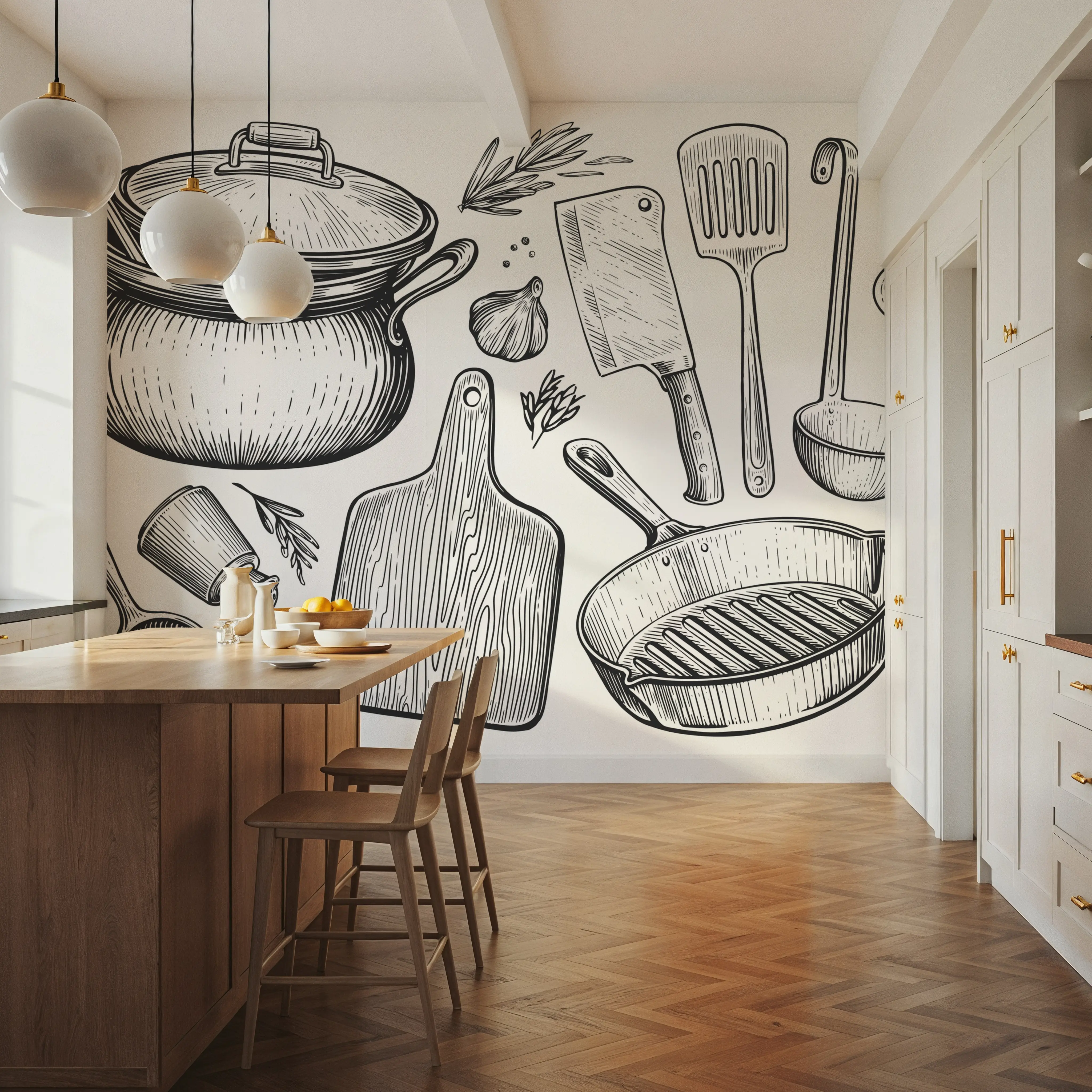 Fotobehang - Utensils on Display - Eten en Drinken Grafische Kunst Mural - Grijs - Kantoorruimtes - Wallism België - Zelfklevend of Vliesbehang