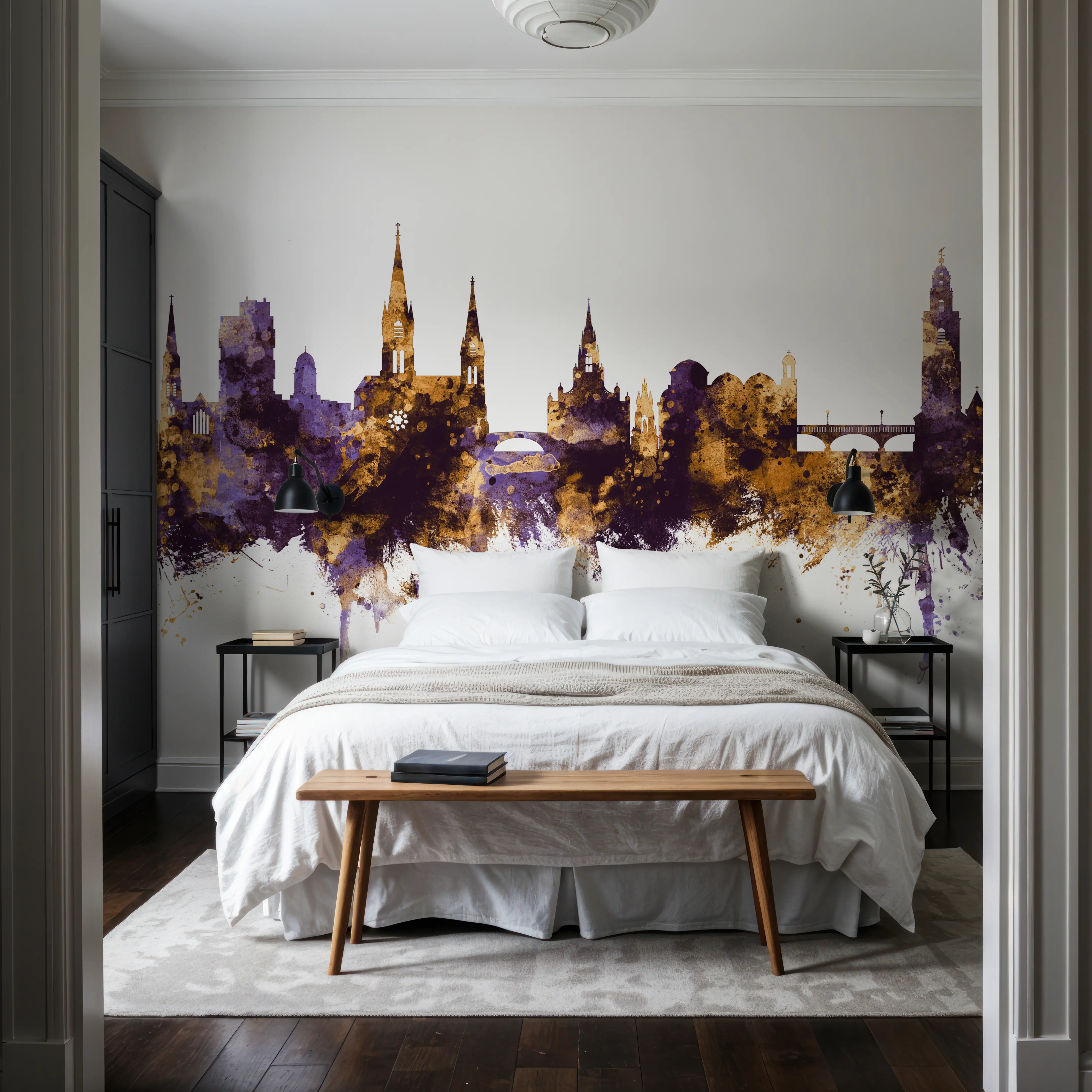 Fotobehang - Cork Ireland Skyline Purple & Gold - Abstract Kunst Mural - Paars - Gangtrappen - Wallism België - Zelfklevend of Vliesbehang