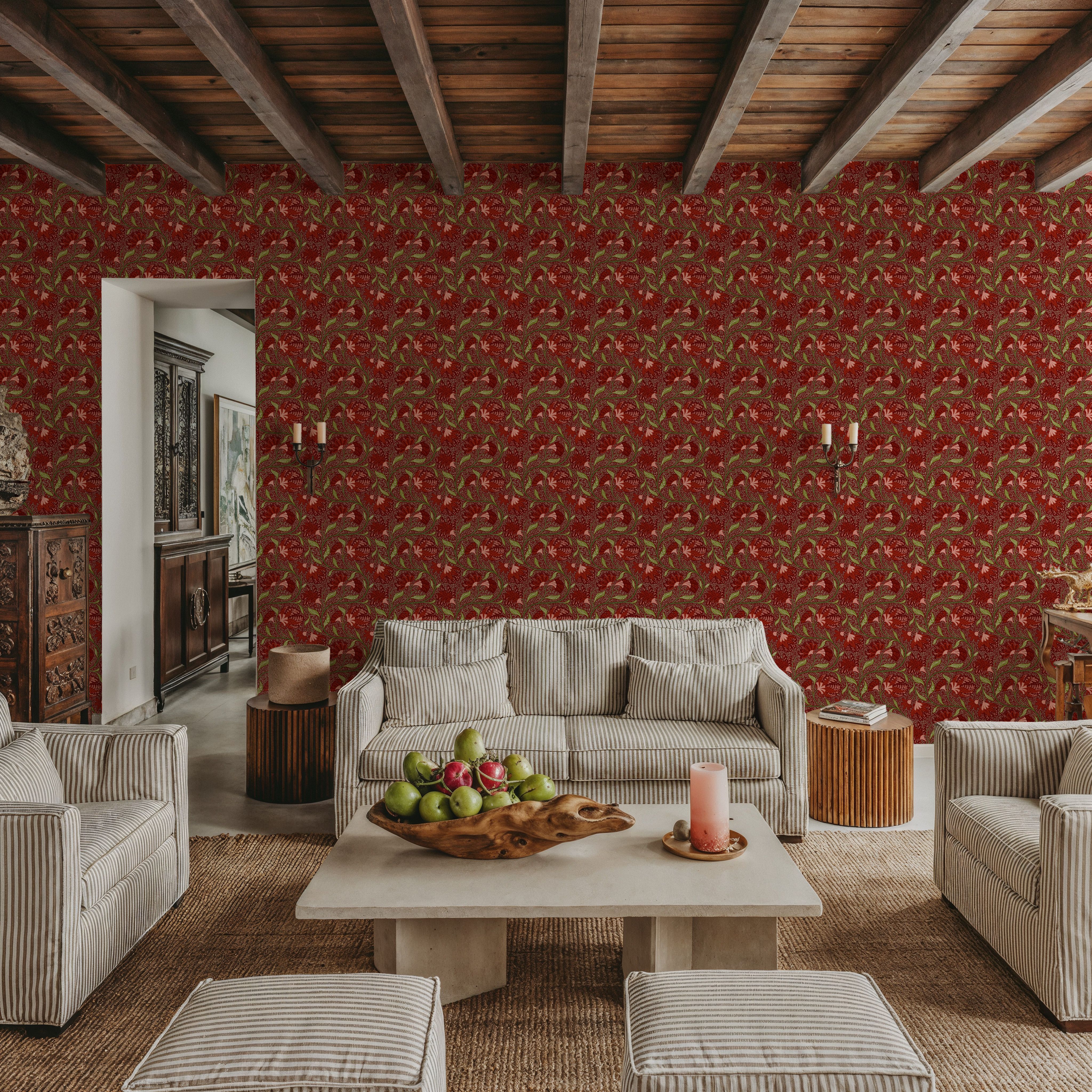 Indial Floral, Vermilion on Maroon