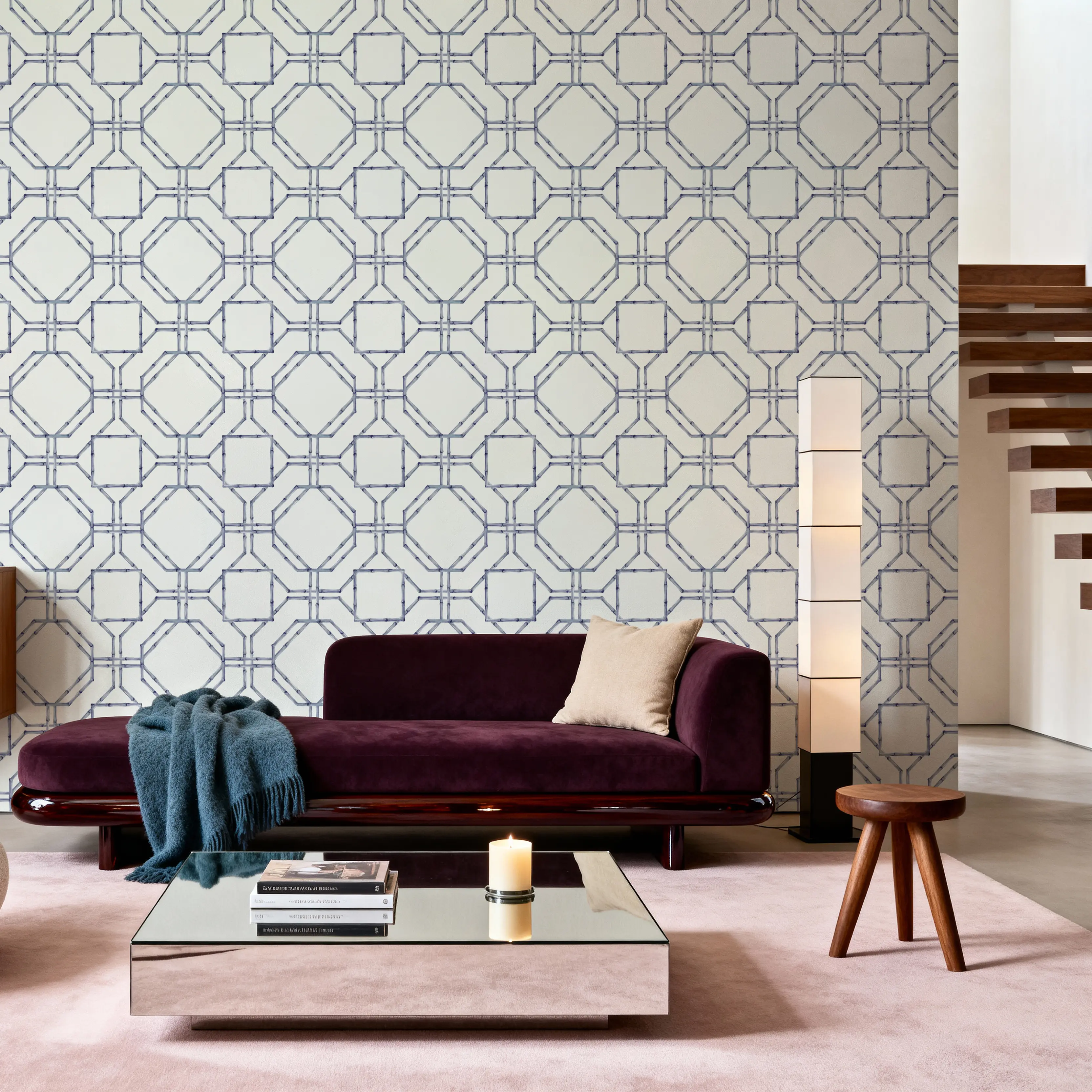 Wallpaper - Bamboo Lattice, Green - Lines Trellis - Blue - Bedroom - Wallism UK - Peel & Stick or Paste-the-Wall