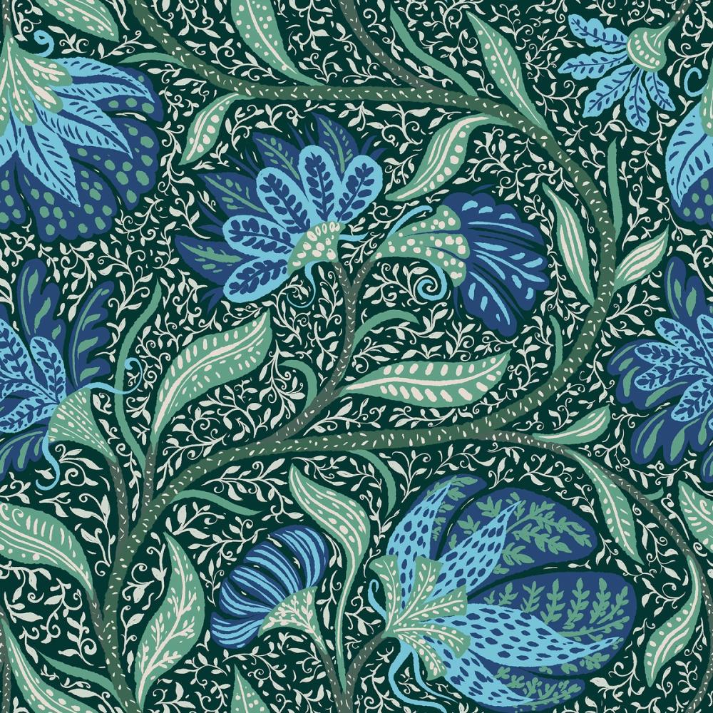 Indial Floral, Teal on Forest