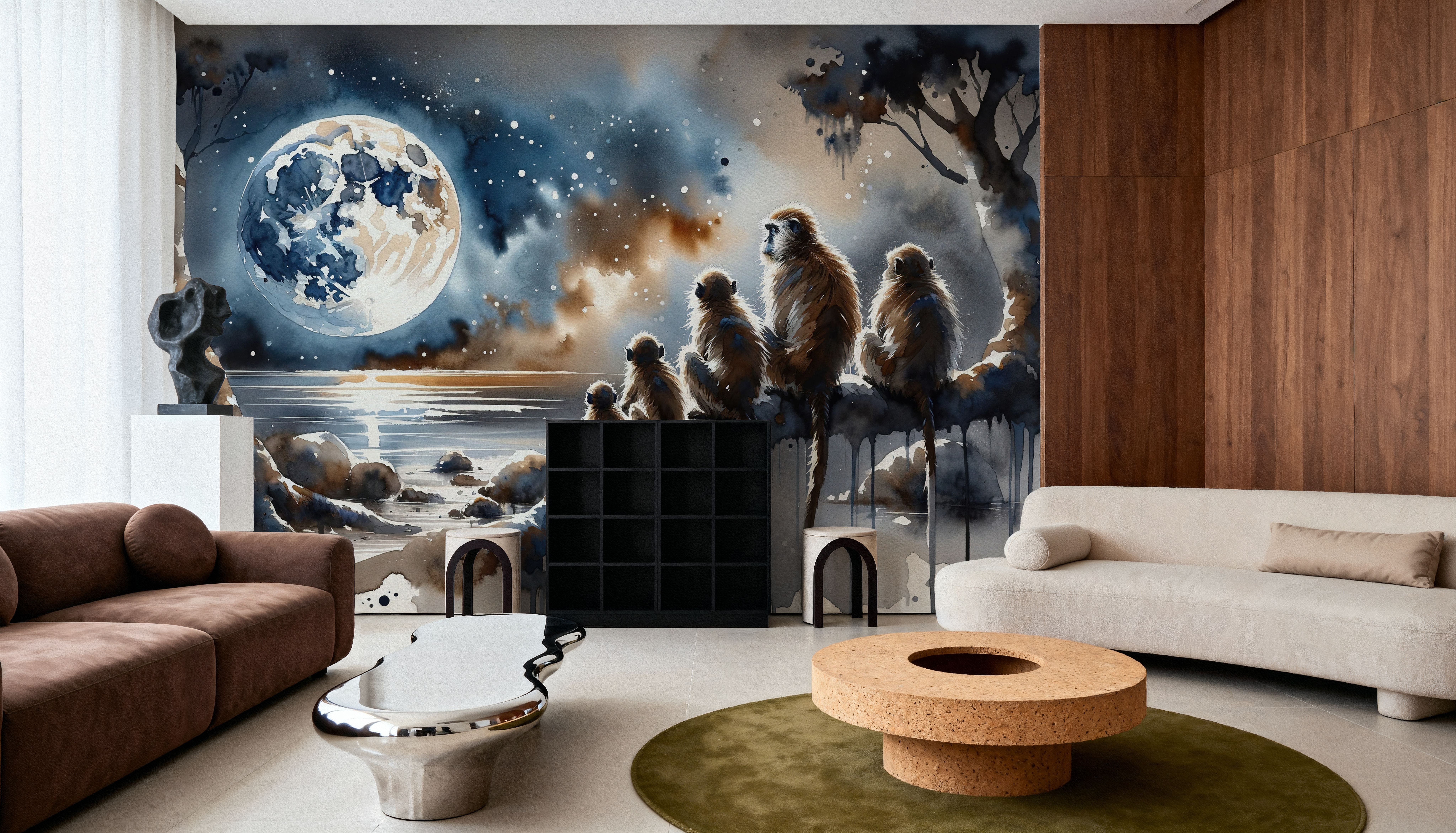 Monkey Family Night Giant Moon Watercolor