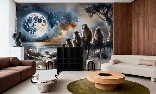 Monkey Family Night Giant Moon Watercolor