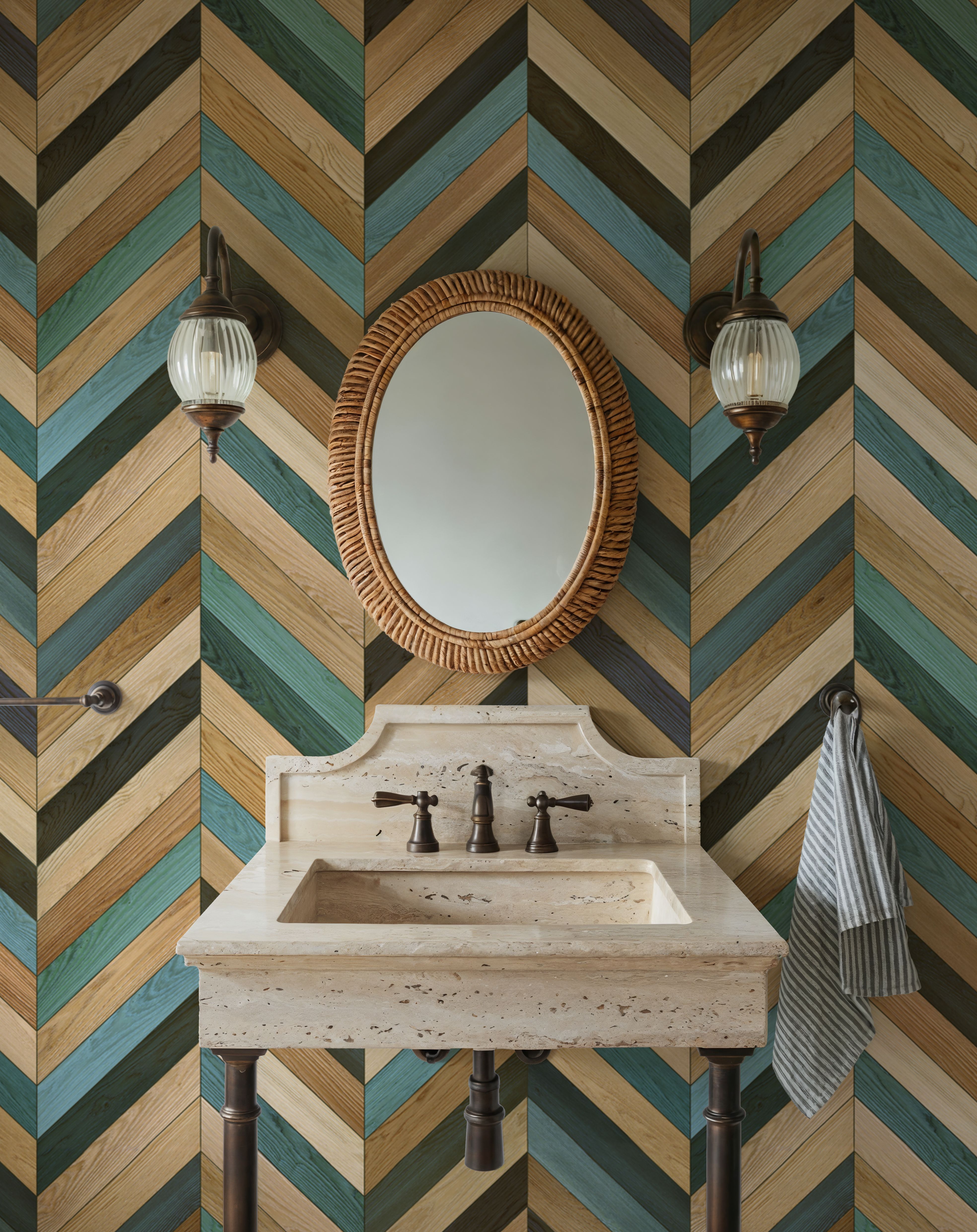 Chevron Wood, Teal, Wallpaper
