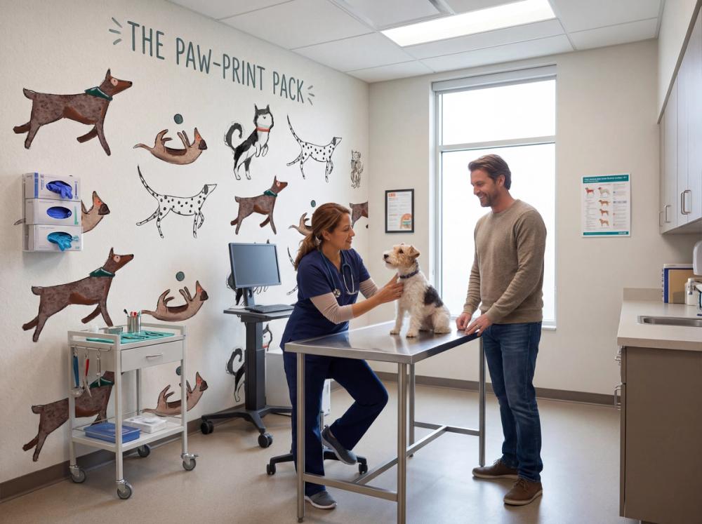 an interior image of a veterinary treatment room with a dog being treated and owner and vet. there is a dog themed wallpaper mural on the main wall