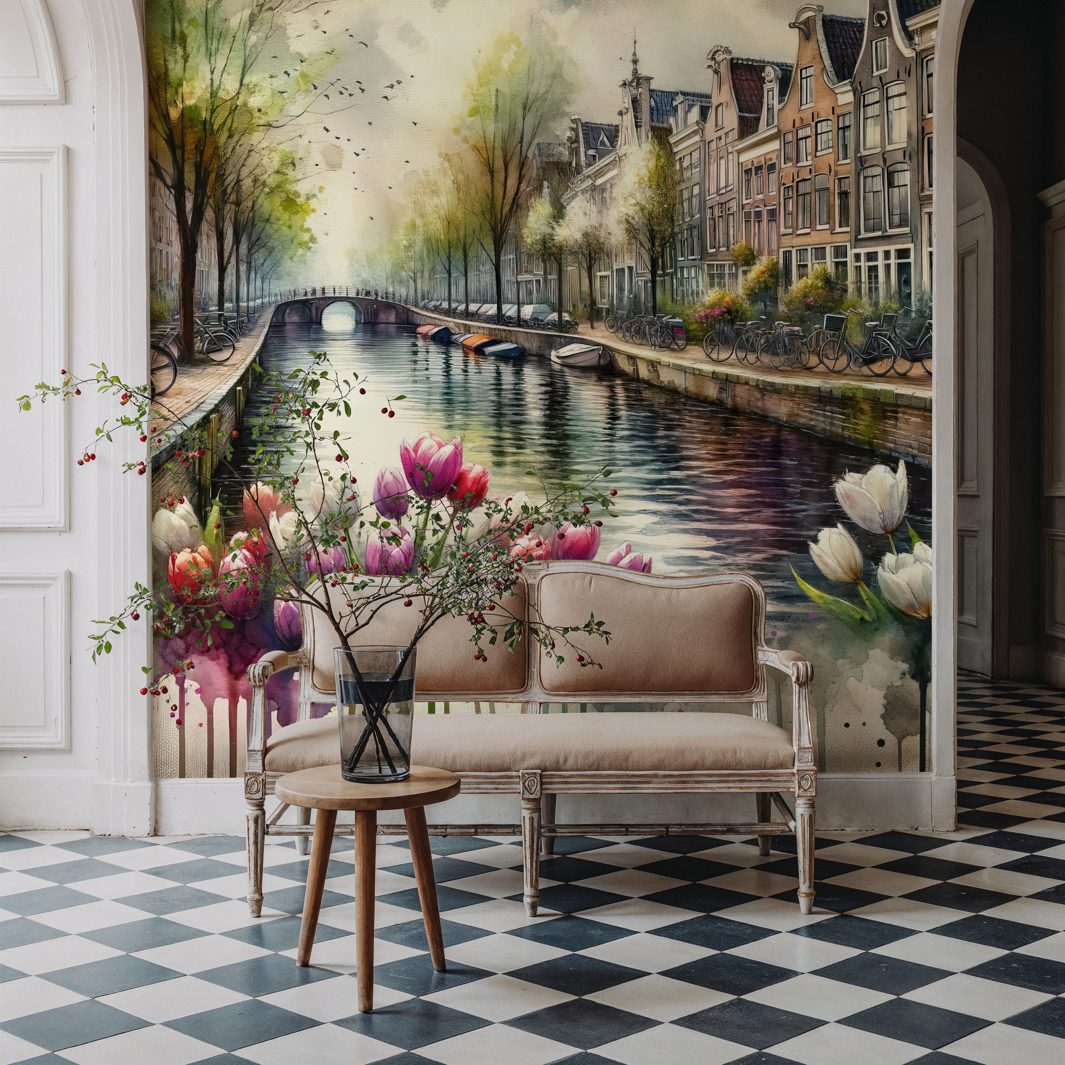 Watercolor Canal Scene Dutch Houses