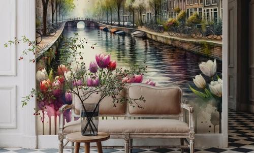 Watercolor Canal Scene Dutch Houses