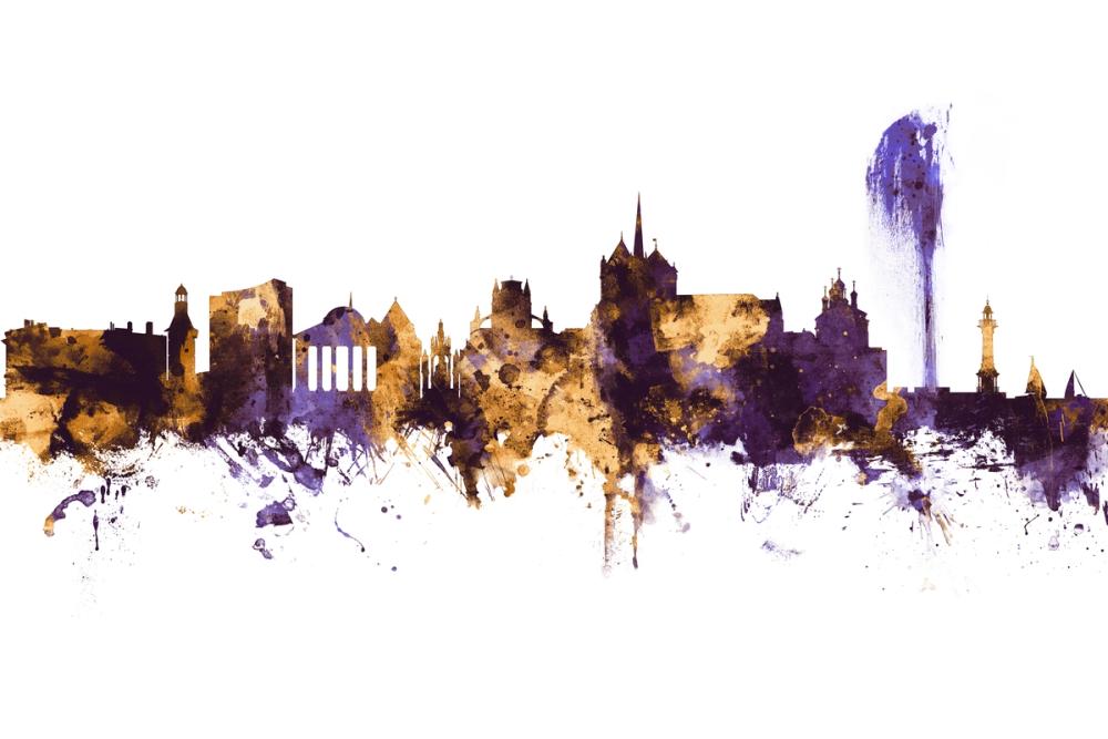 Geneva Switzerland Skyline Purple & Gold 