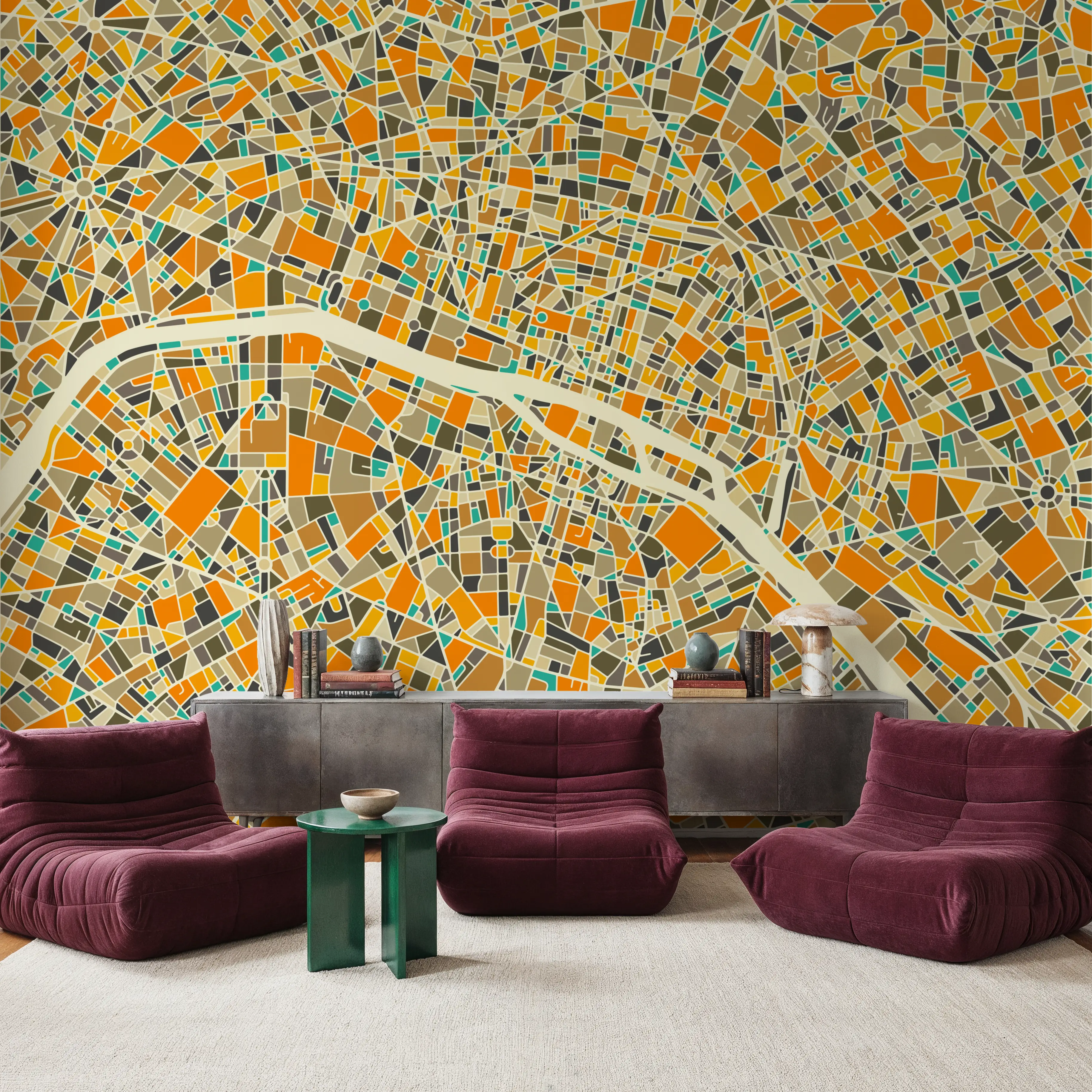 Papier Peint Panoramique - Modern Paris - Ville - Orange - Salle à manger - Wallism Belgique - Encollage au mur ou Autocollant