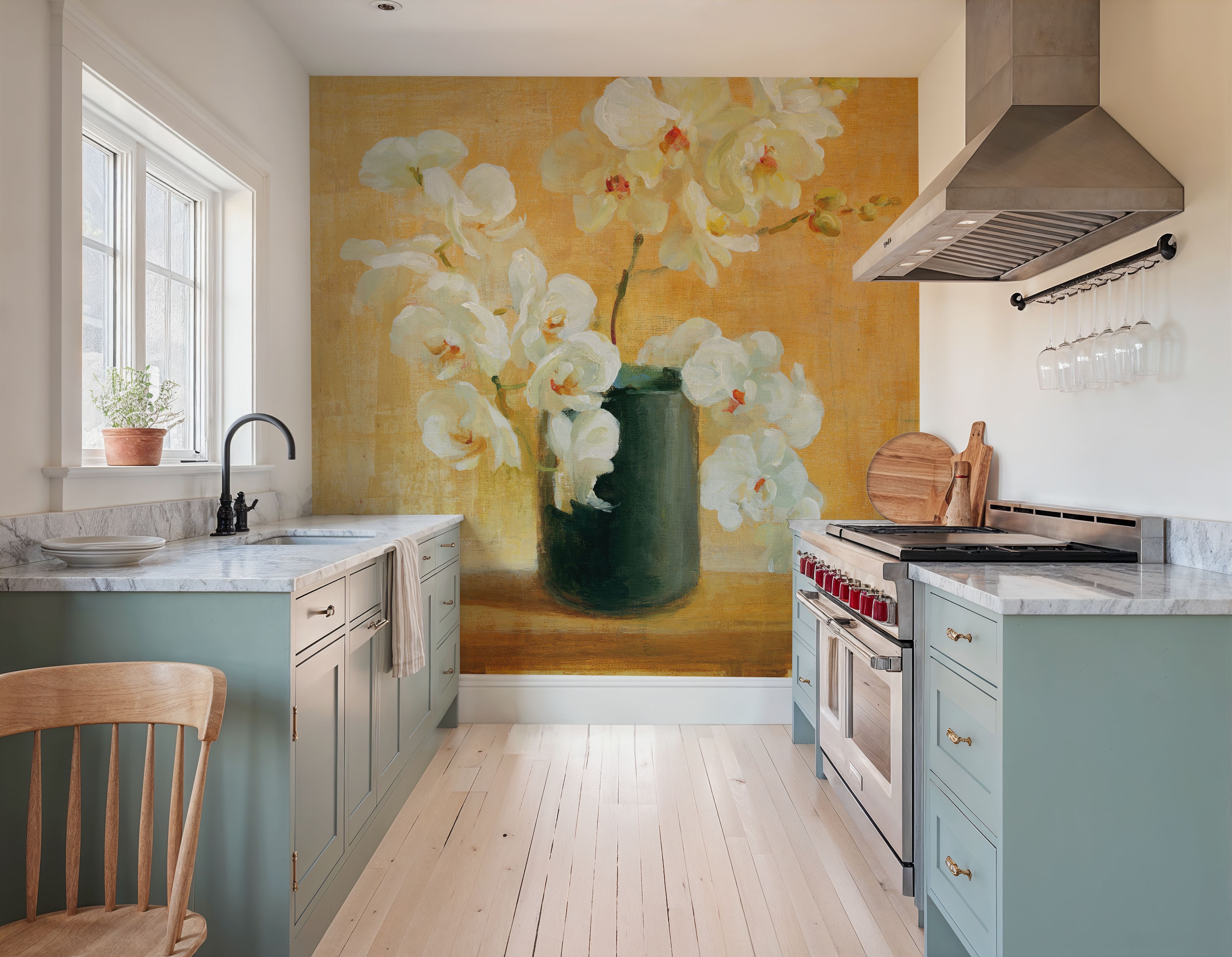 White Orchids in Black Vase