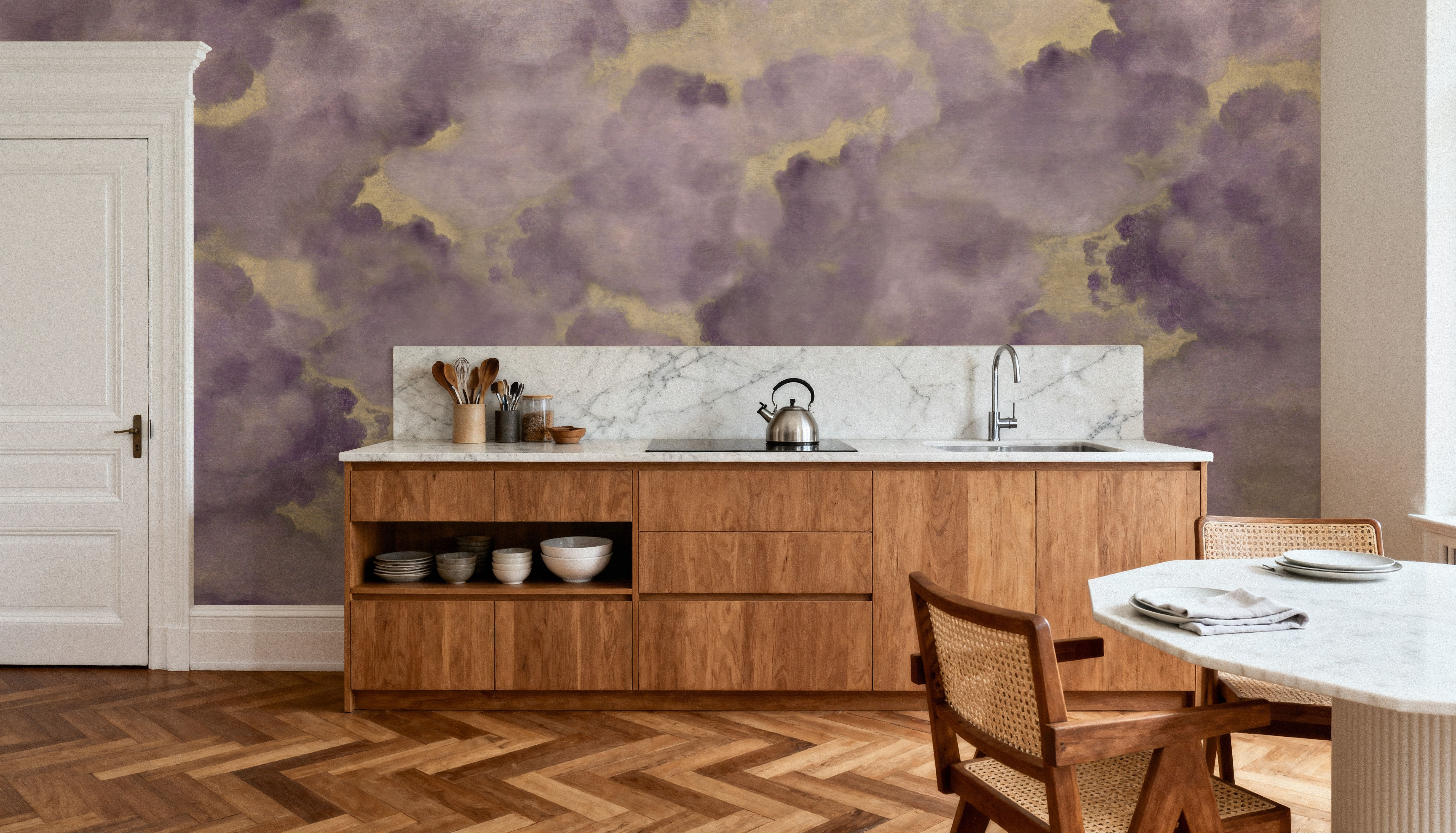 Painted Dreamy Clouds, Lilac, Wallpaper